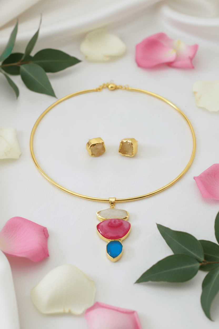 Raw Natural Stone Brass Hansuli Necklace Set for Women | Handmade Hasli Statement Jewellery - Maxiblink