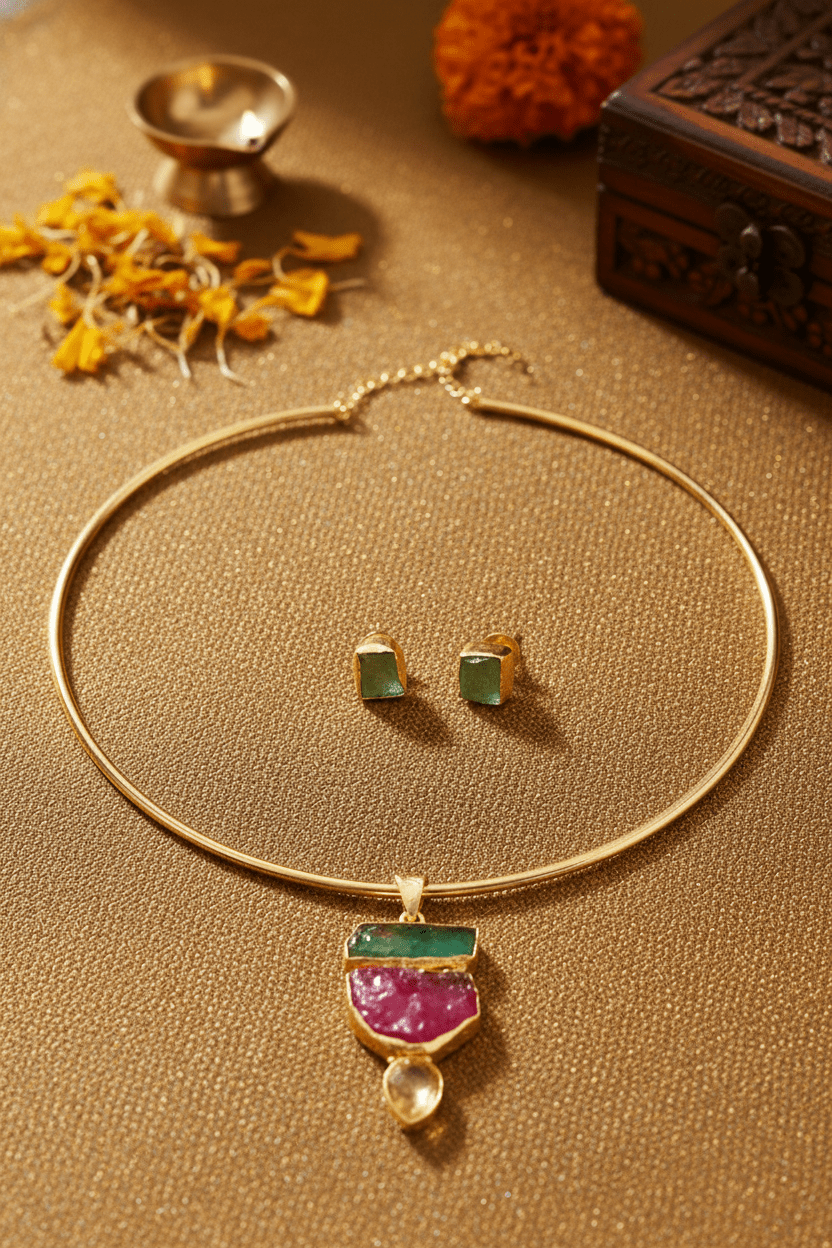 Raw Natural Stone Brass Hansuli Necklace Set for Women | Handmade Hasli Statement Jewellery - Maxiblink