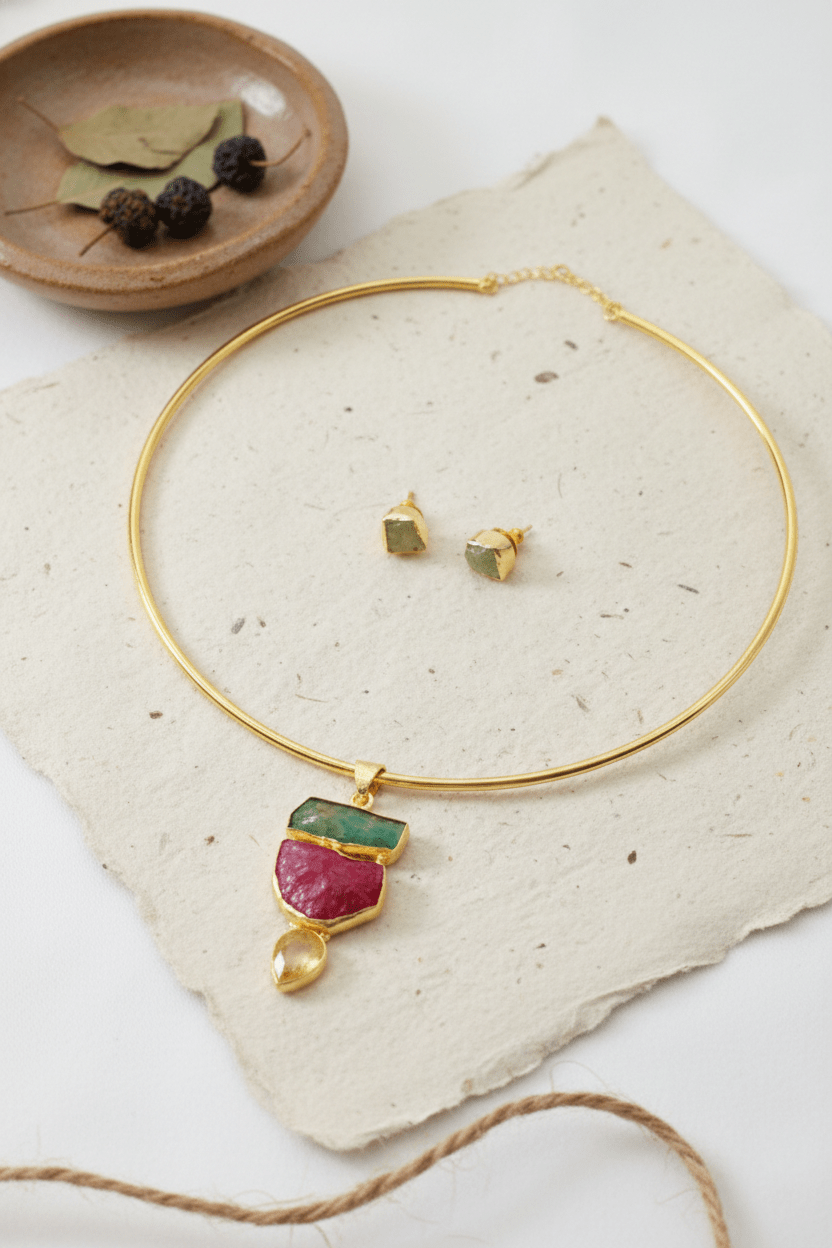 Raw Natural Stone Brass Hansuli Necklace Set for Women | Handmade Hasli Statement Jewellery - Maxiblink