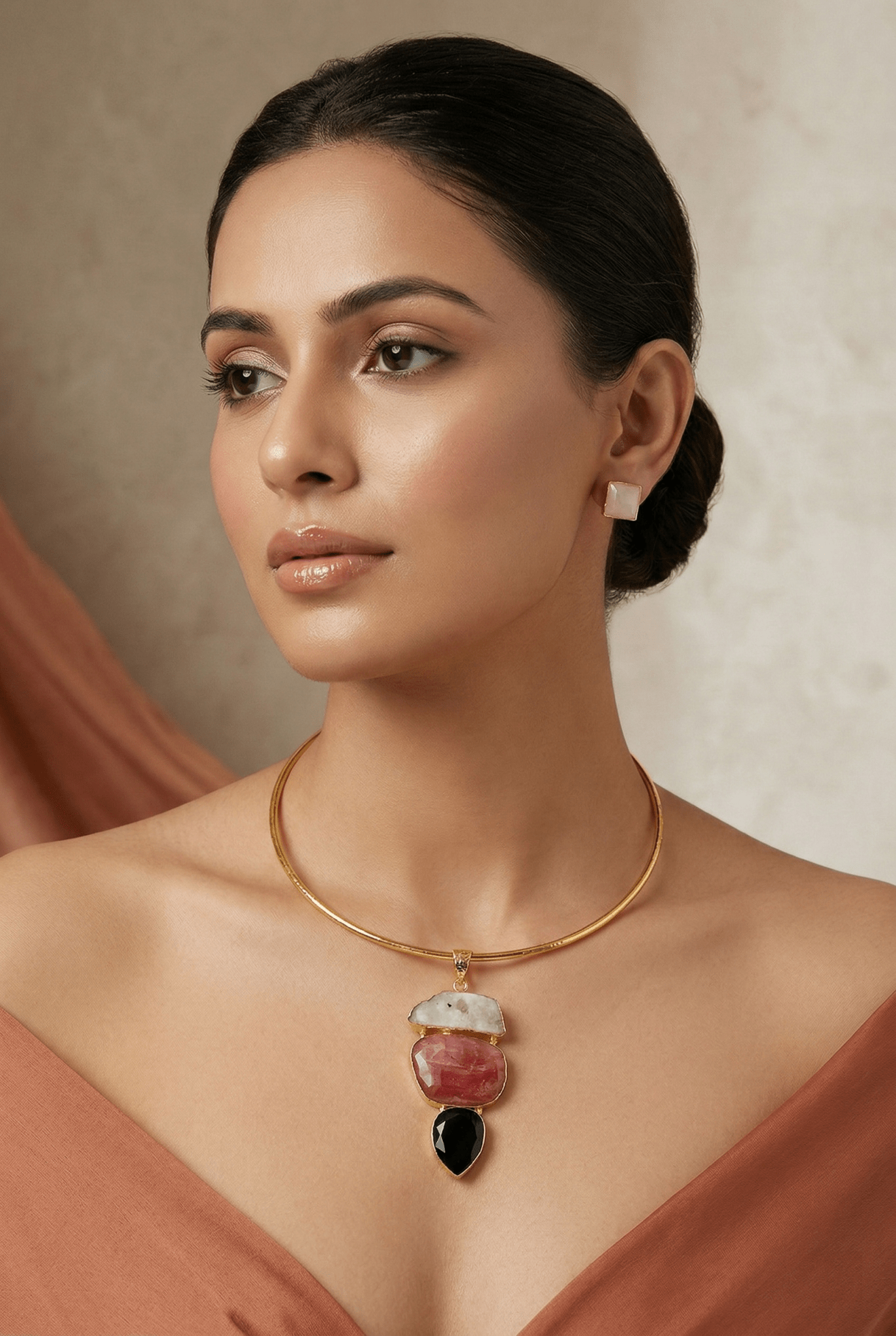 Raw Natural Stone Brass Hansuli Necklace Set for Women | Handmade Hasli Statement Jewellery - Maxiblink