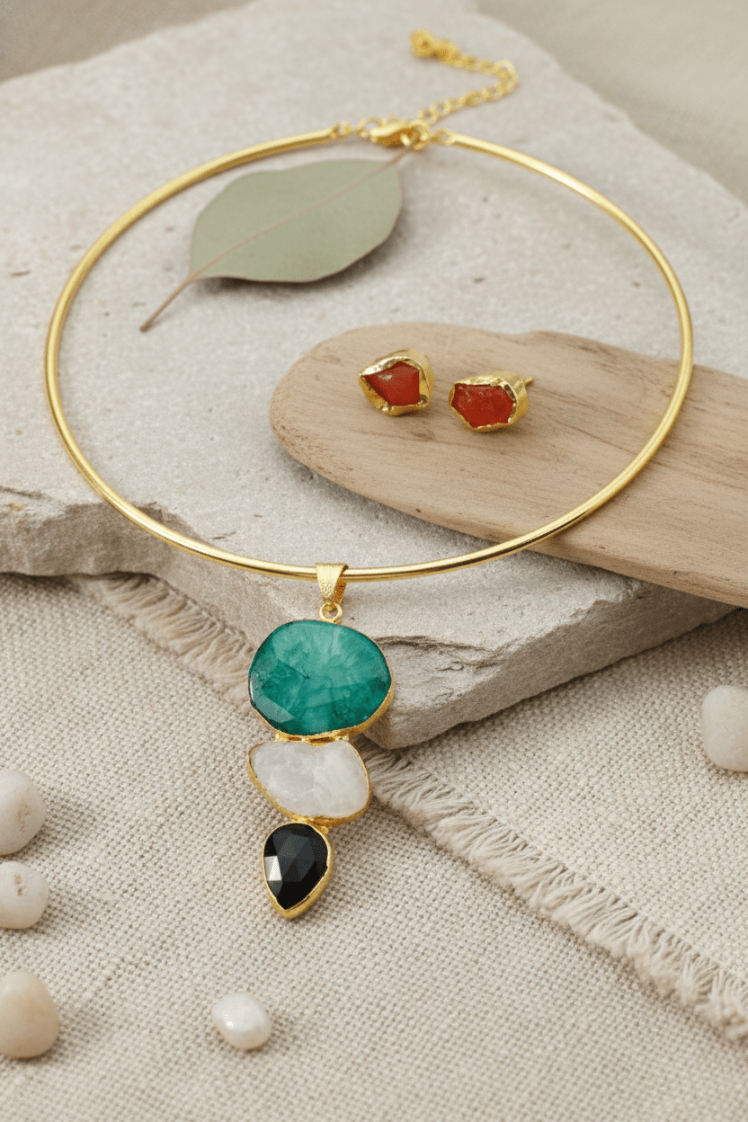 Raw Natural Stone Brass Hansuli Necklace Set for Women | Handmade Hasli Statement Jewellery - Maxiblink
