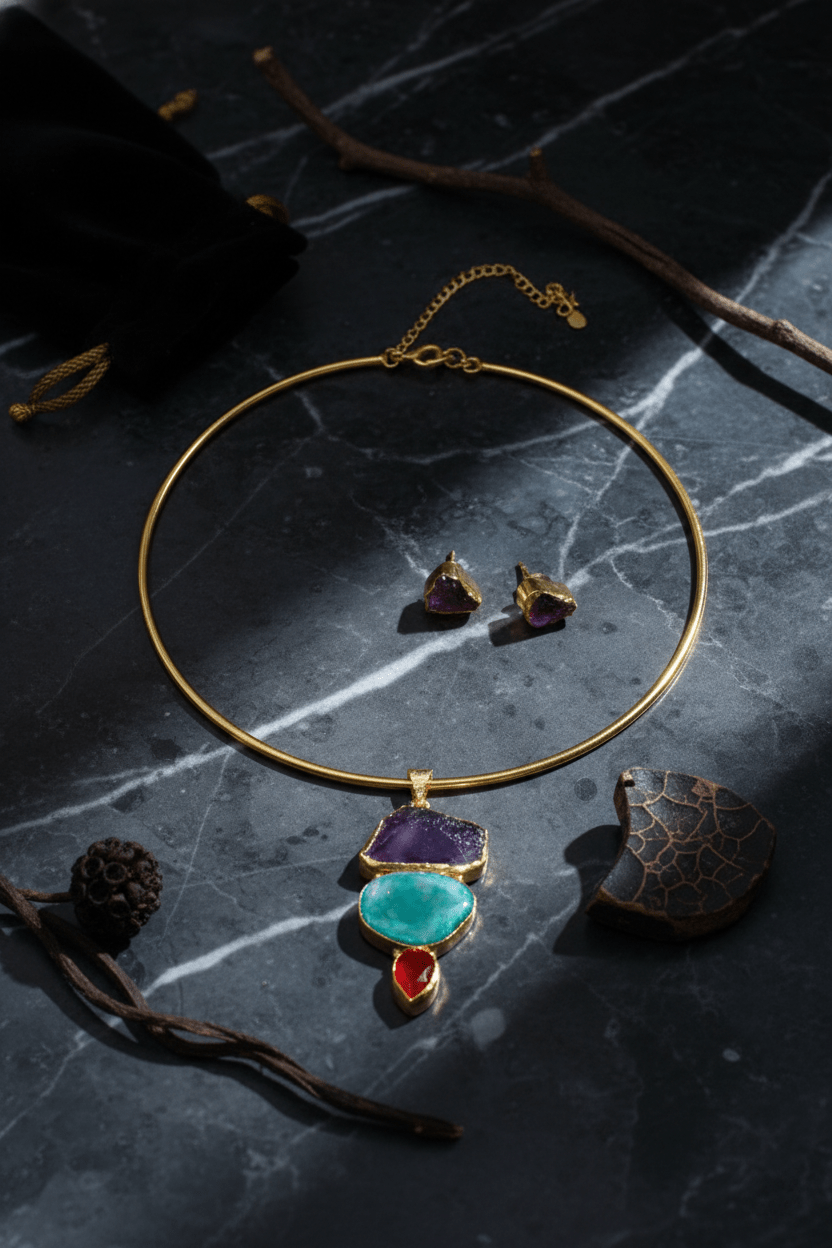 Raw Natural Stone Brass Hansuli Necklace Set for Women | Handmade Hasli Statement Jewellery - Maxiblink