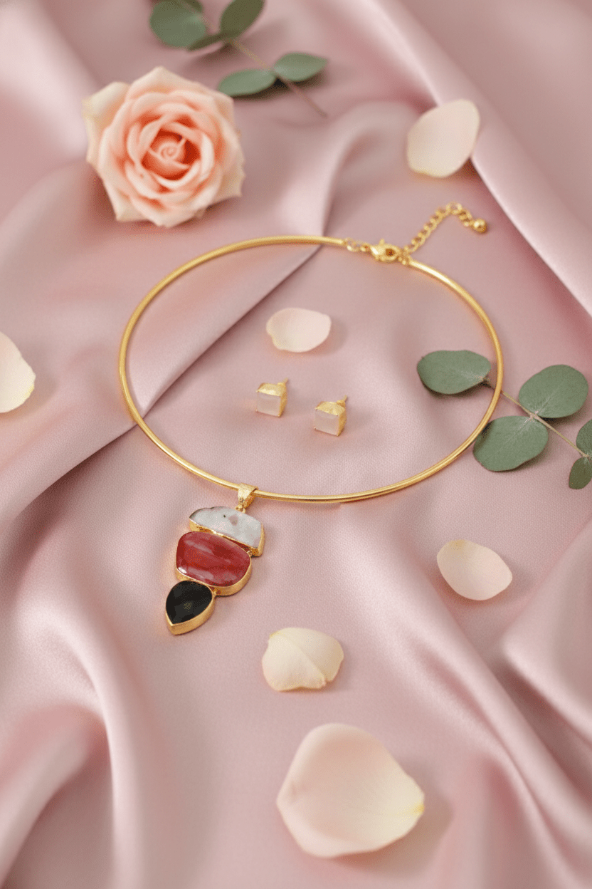 Raw Natural Stone Brass Hansuli Necklace Set for Women | Handmade Hasli Statement Jewellery - Maxiblink
