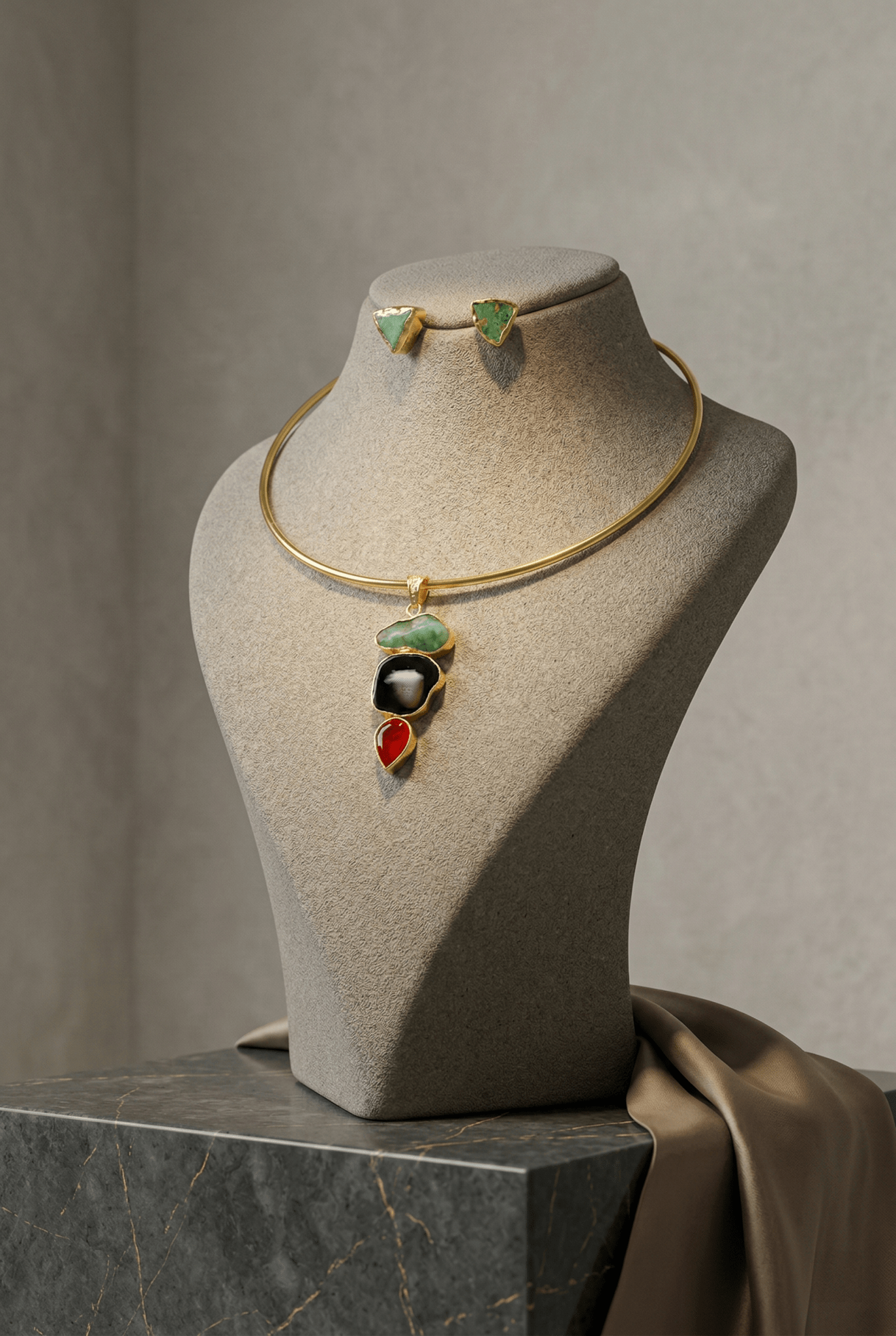 Raw Natural Stone Brass Hansuli Necklace Set for Women | Handmade Hasli Statement Jewellery - Maxiblink