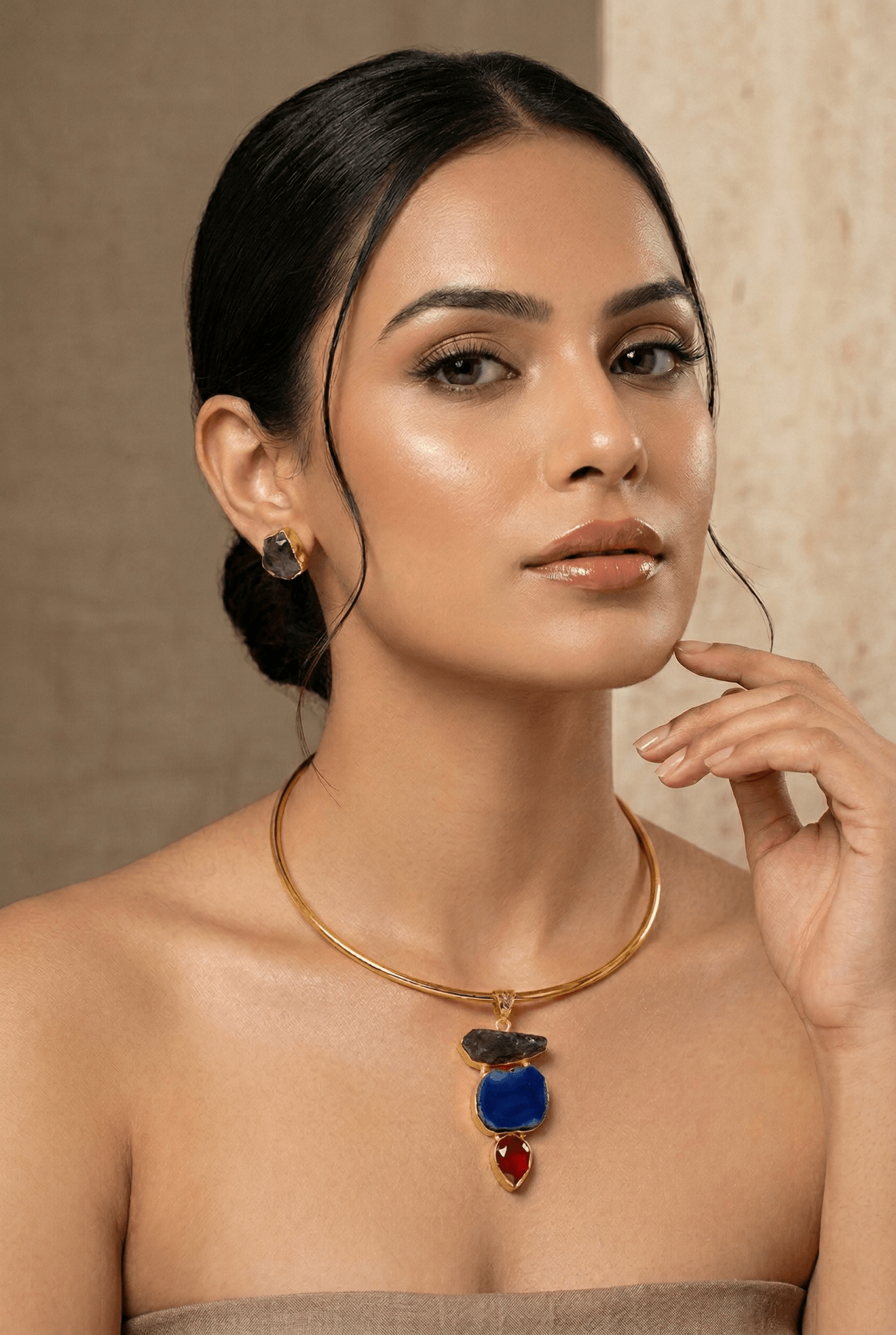 Raw Natural Stone Brass Hansuli Necklace Set for Women | Handmade Hasli Statement Jewellery - Maxiblink