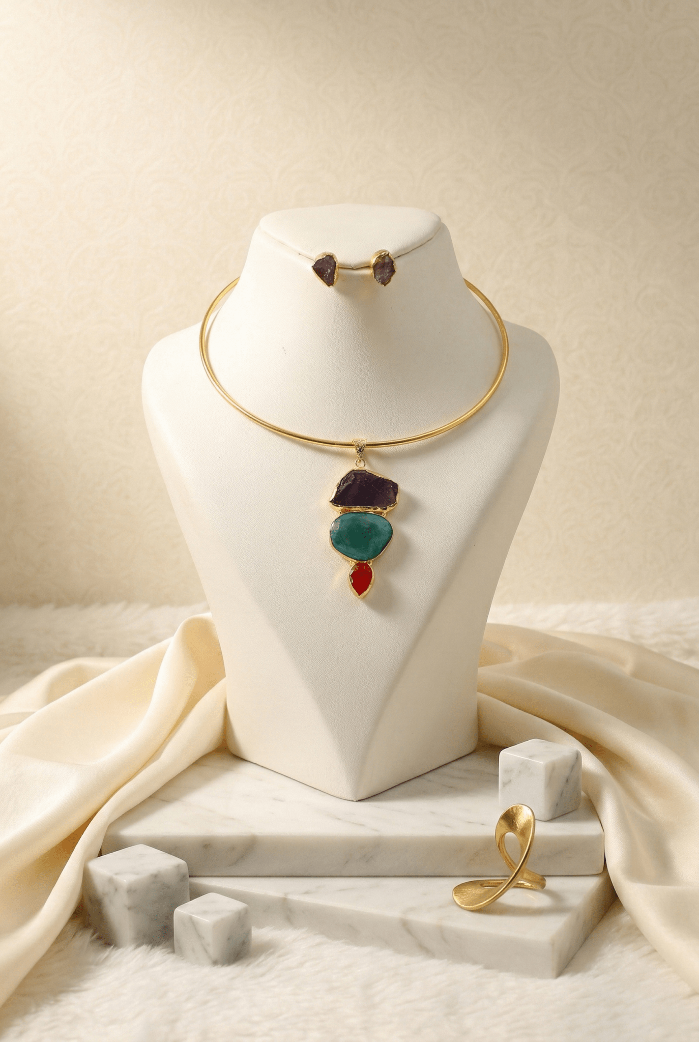 Raw Natural Stone Brass Hansuli Necklace Set for Women | Handmade Hasli Statement Jewellery - Maxiblink
