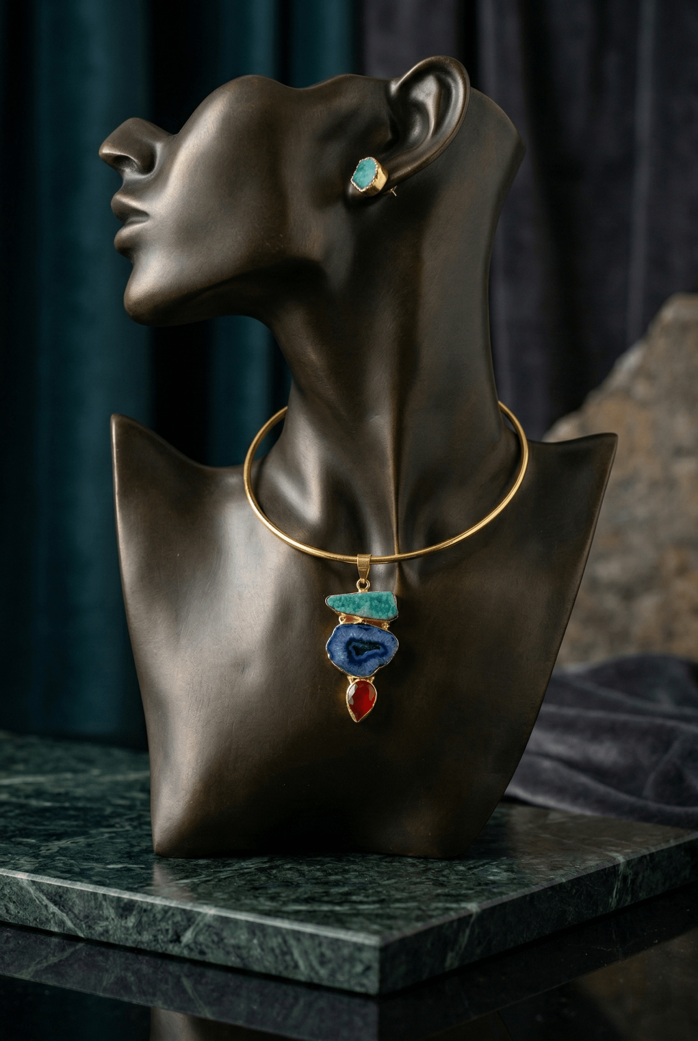 Raw Natural Stone Brass Hansuli Necklace Set for Women | Handmade Hasli Statement Jewellery - Maxiblink