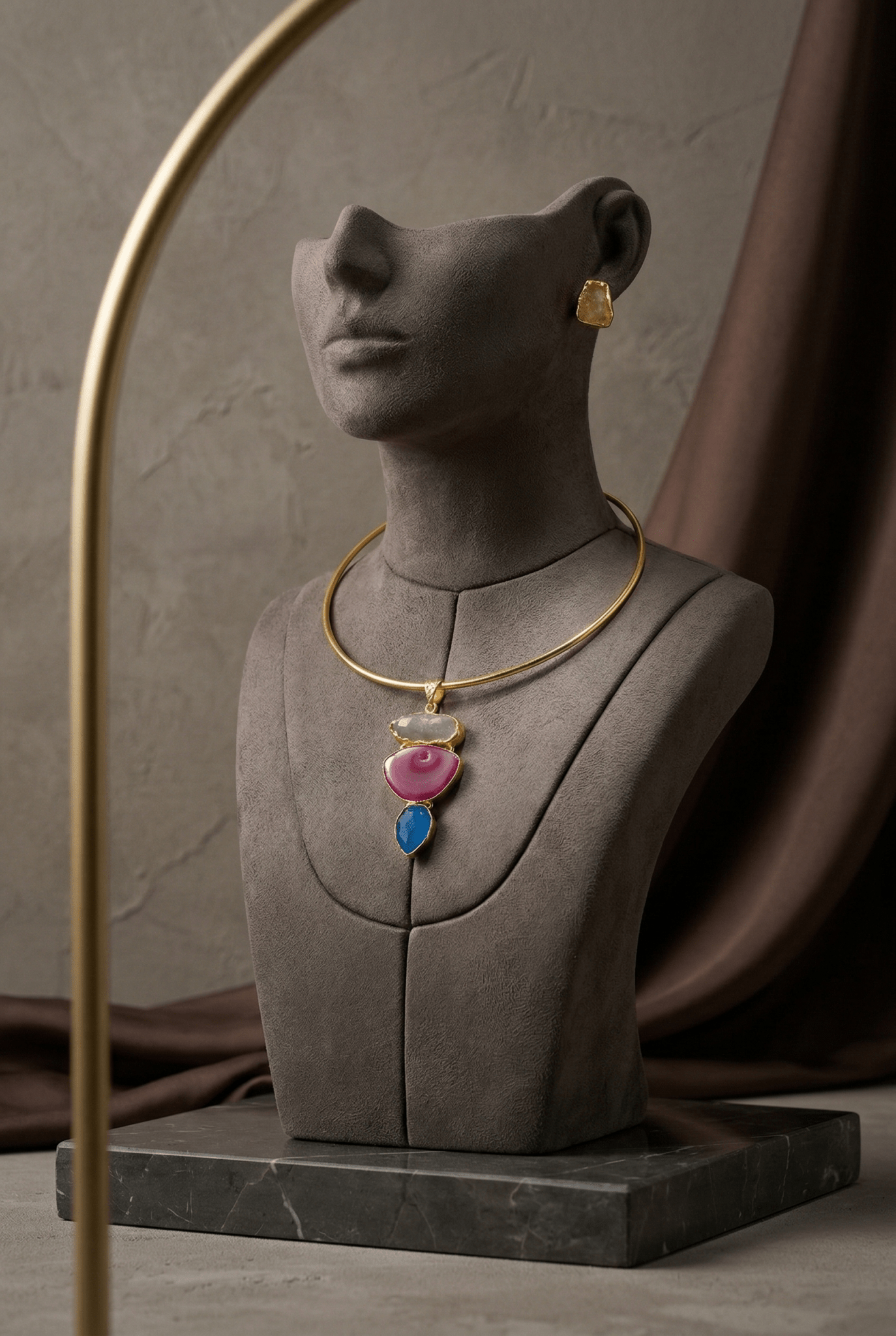Raw Natural Stone Brass Hansuli Necklace Set for Women | Handmade Hasli Statement Jewellery - Maxiblink