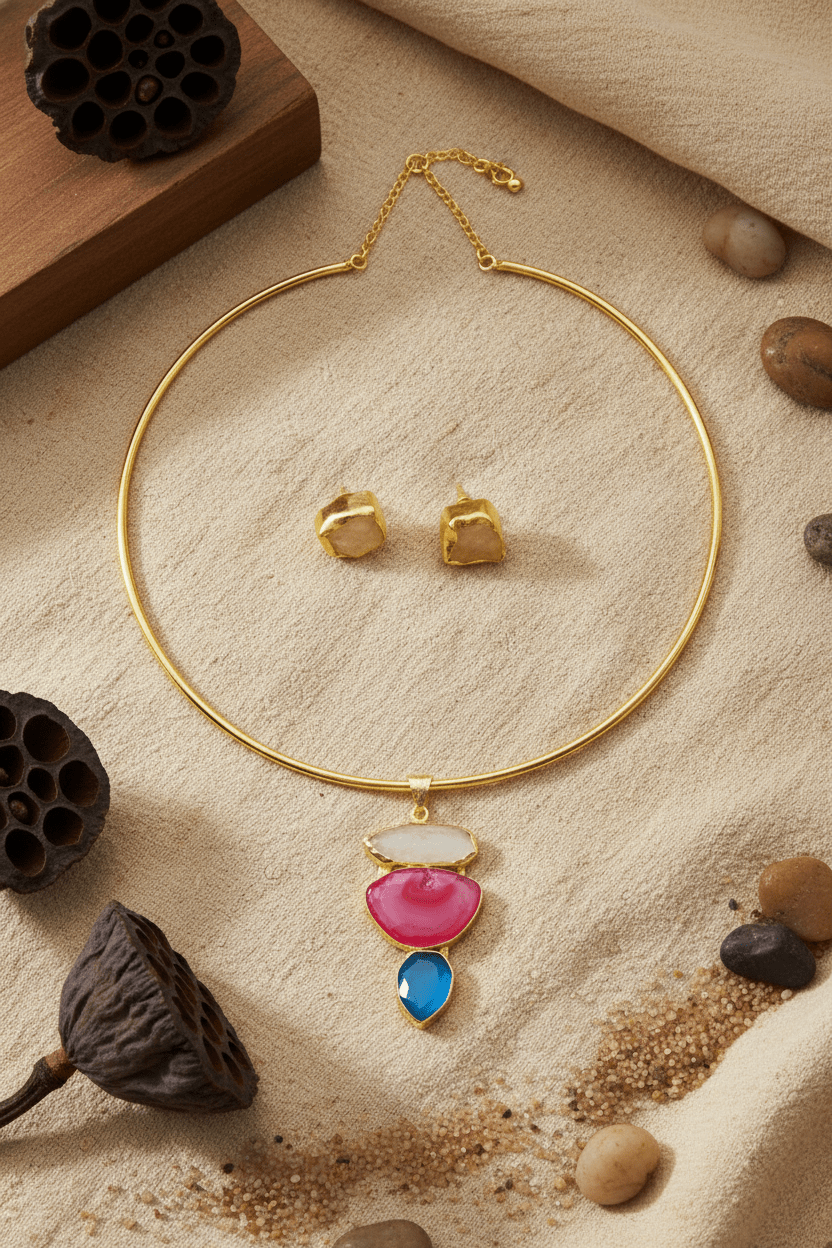 Raw Natural Stone Brass Hansuli Necklace Set for Women | Handmade Hasli Statement Jewellery - Maxiblink