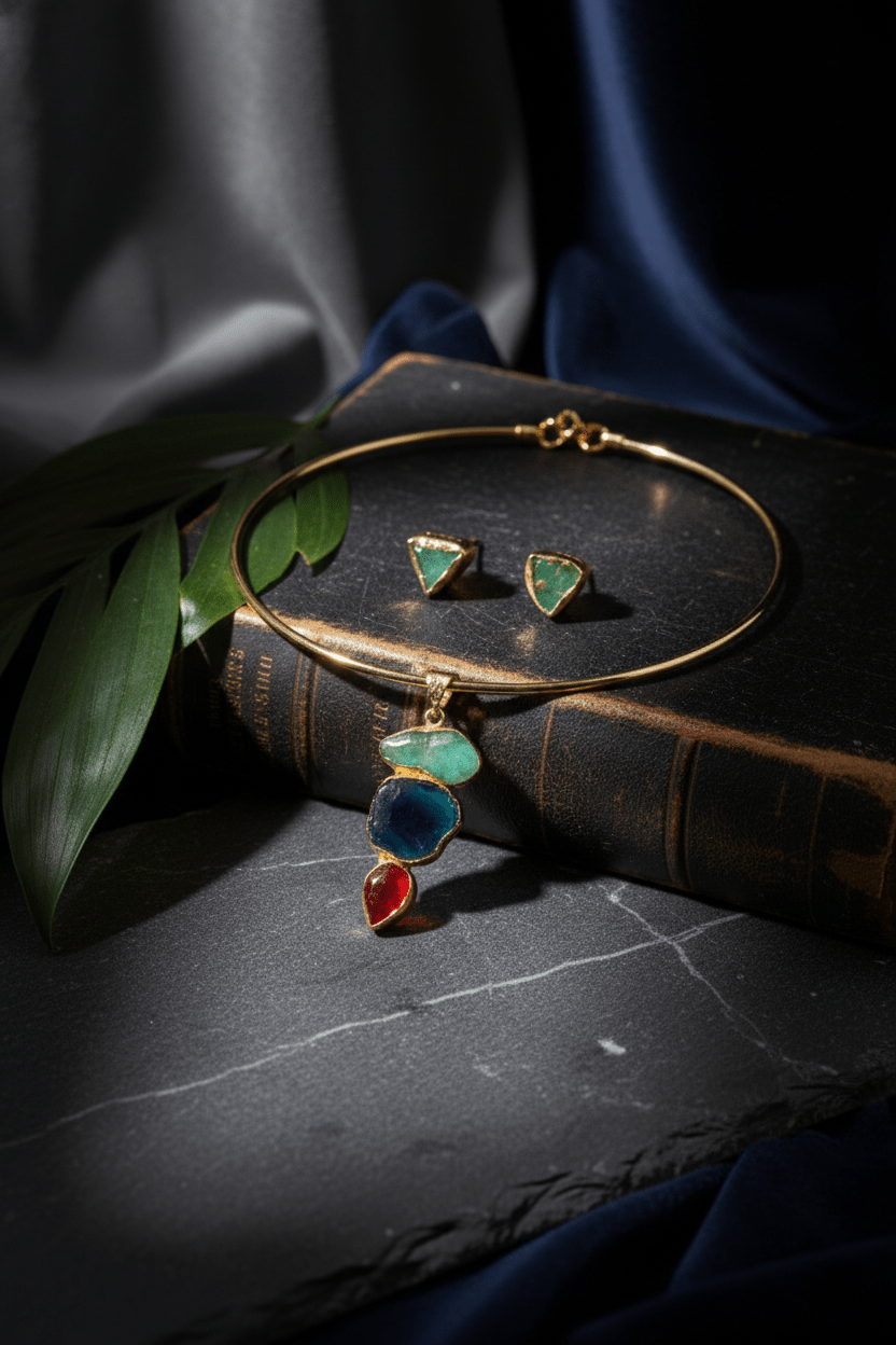 Raw Natural Stone Brass Hansuli Necklace Set for Women | Handmade Hasli Statement Jewellery - Maxiblink