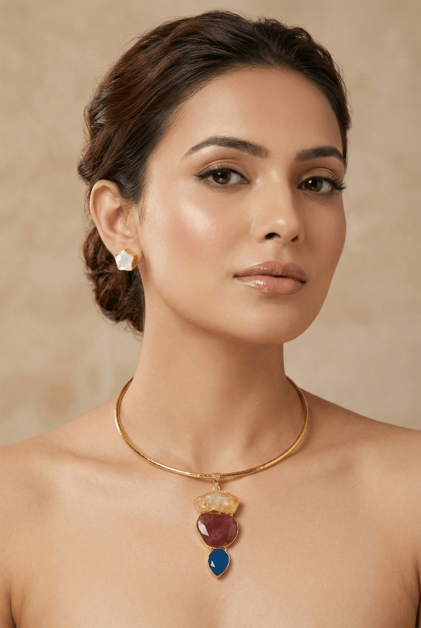 Raw Natural Stone Brass Hansuli Necklace Set for Women | Handmade Hasli Statement Jewellery - Maxiblink