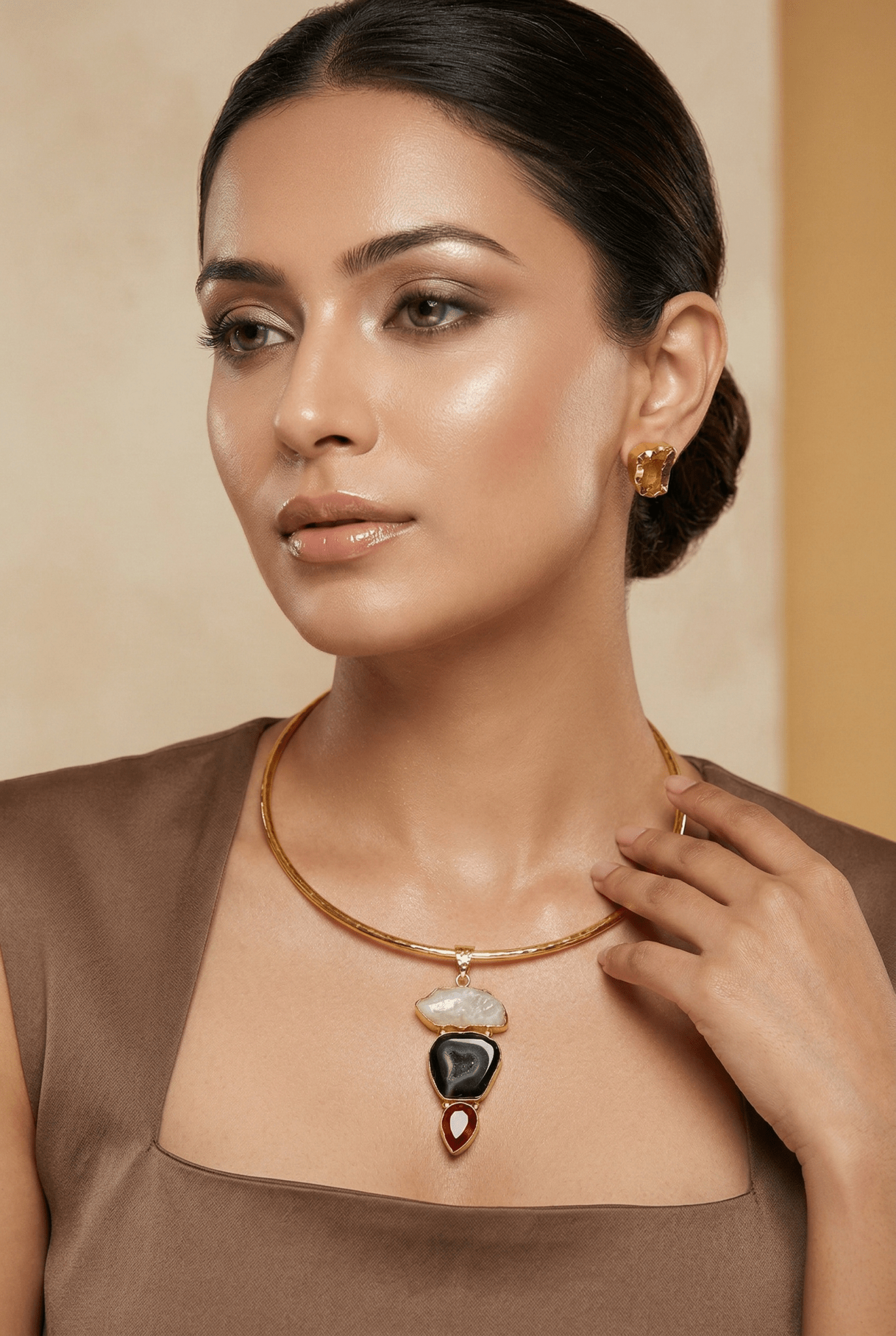 Raw Natural Stone Brass Hansuli Necklace Set for Women | Handmade Hasli Statement Jewellery - Maxiblink