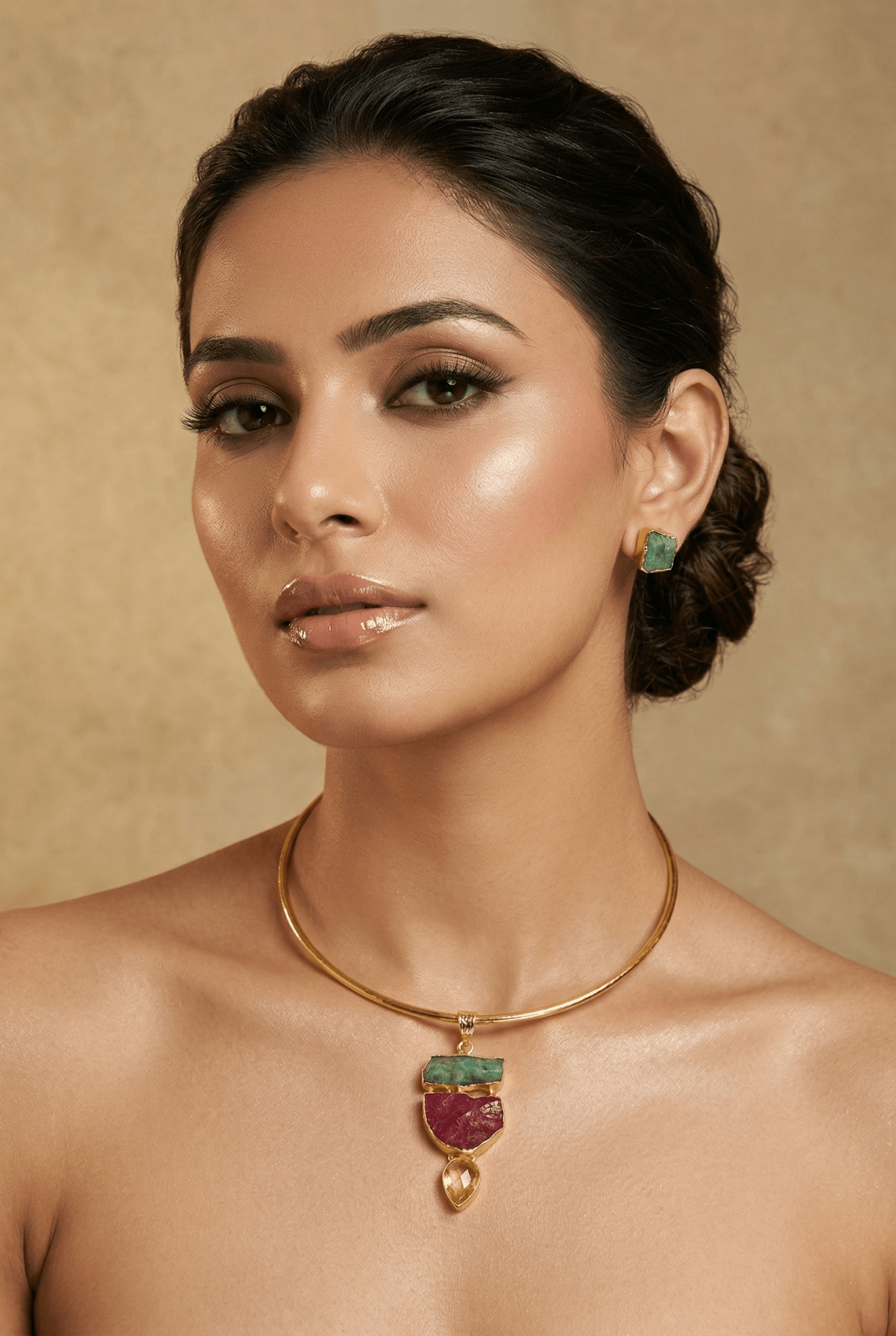 Raw Natural Stone Brass Hansuli Necklace Set for Women | Handmade Hasli Statement Jewellery - Maxiblink