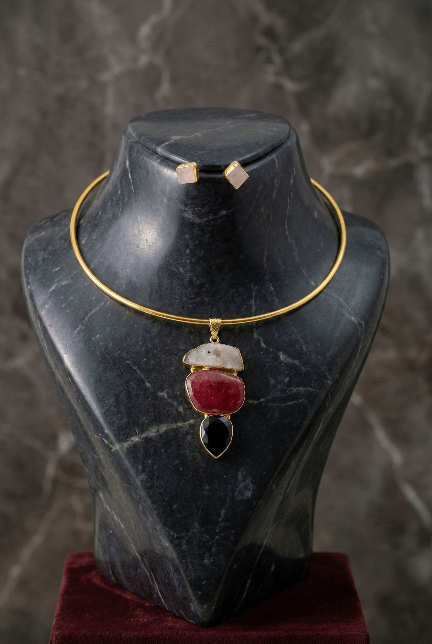 Raw Natural Stone Brass Hansuli Necklace Set for Women | Handmade Hasli Statement Jewellery - Maxiblink