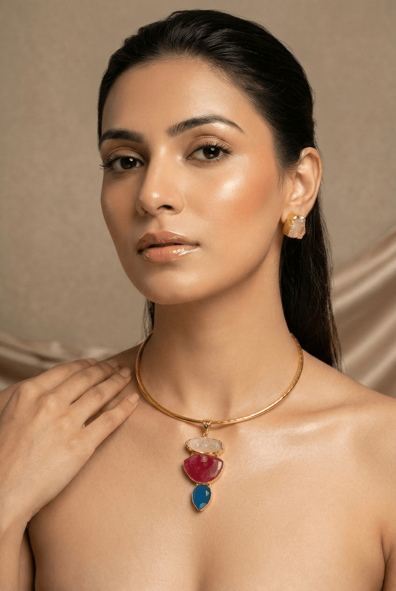 Raw Natural Stone Brass Hansuli Necklace Set for Women | Handmade Hasli Statement Jewellery - Maxiblink