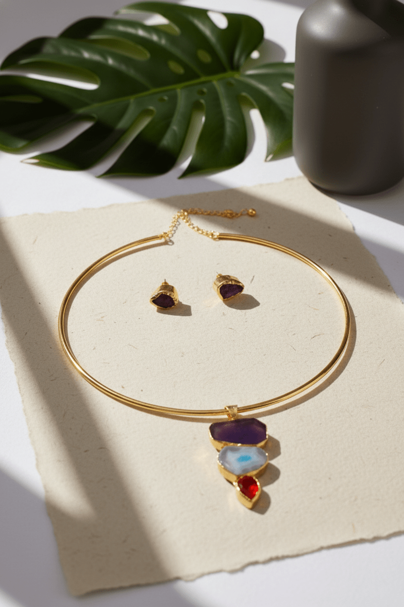 Raw Natural Stone Brass Hansuli Necklace Set for Women | Handmade Hasli Statement Jewellery - Maxiblink