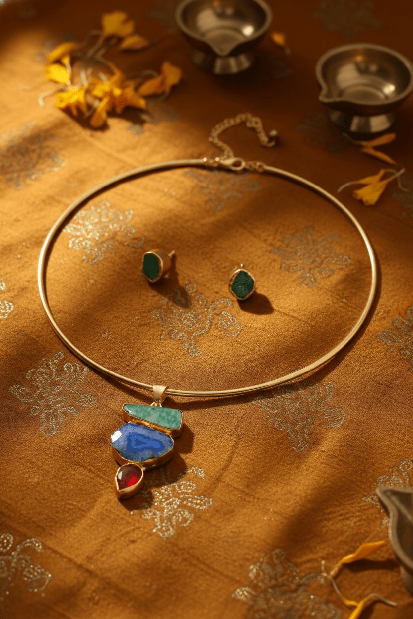 Raw Natural Stone Brass Hansuli Necklace Set for Women | Handmade Hasli Statement Jewellery - Maxiblink