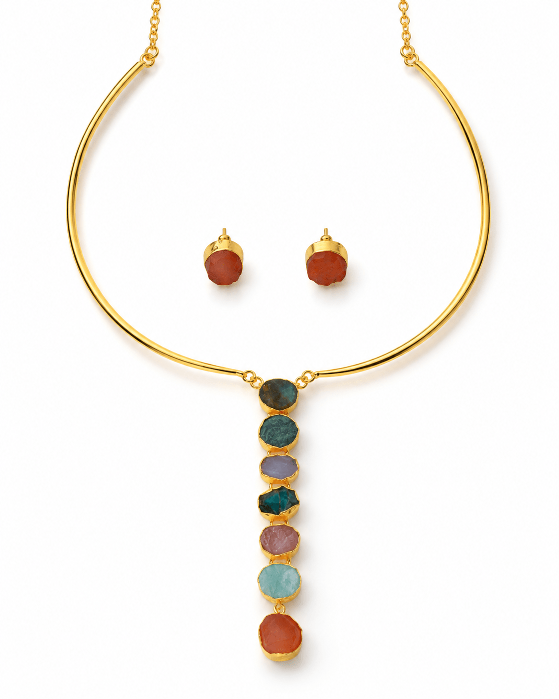 Raw Natural Stone Cascade Hansuli Necklace Set - Maxiblink
