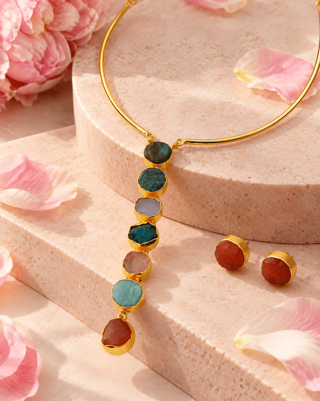 Raw Natural Stone Cascade Hansuli Necklace Set - Maxiblink