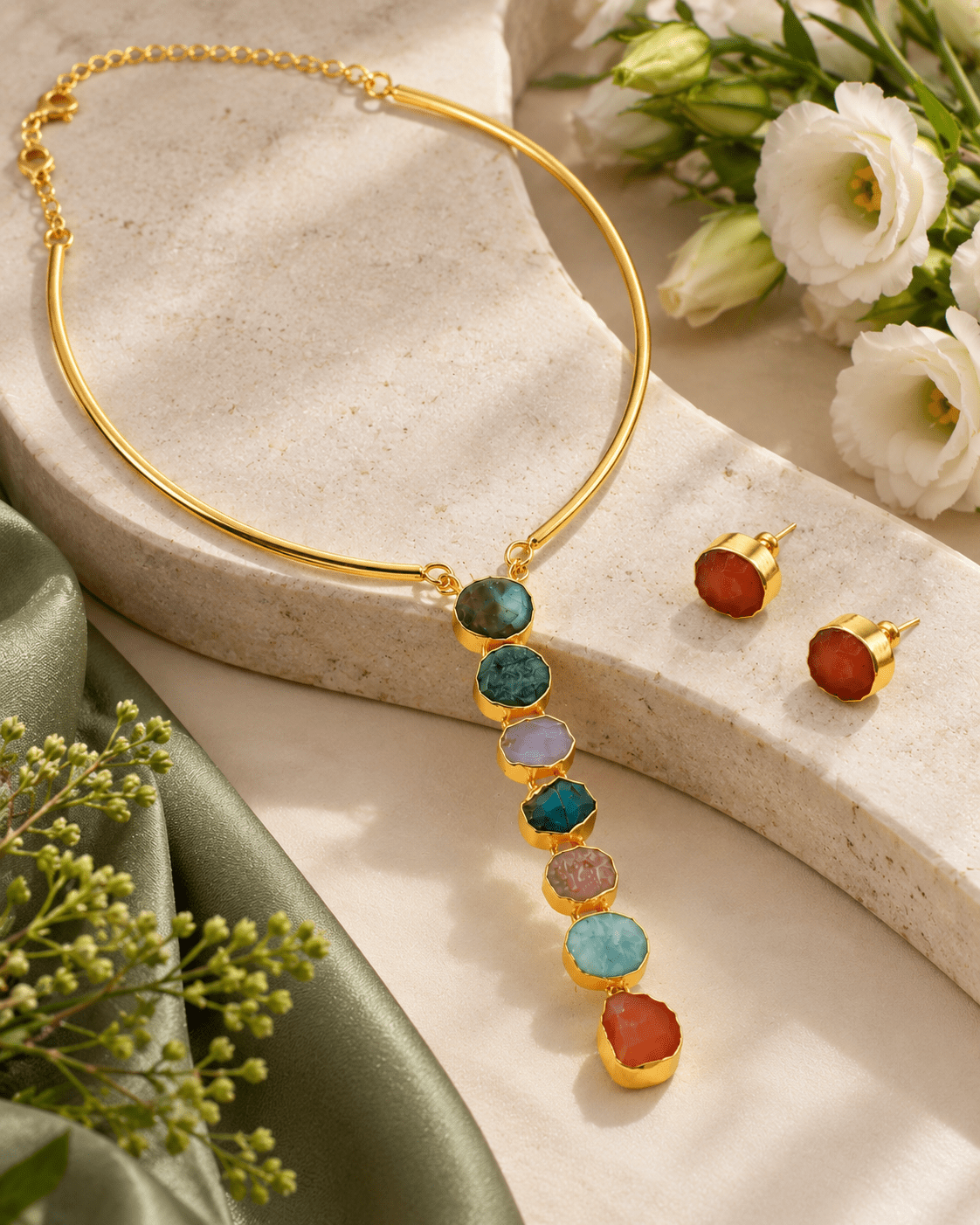 Raw Natural Stone Cascade Hansuli Necklace Set - Maxiblink