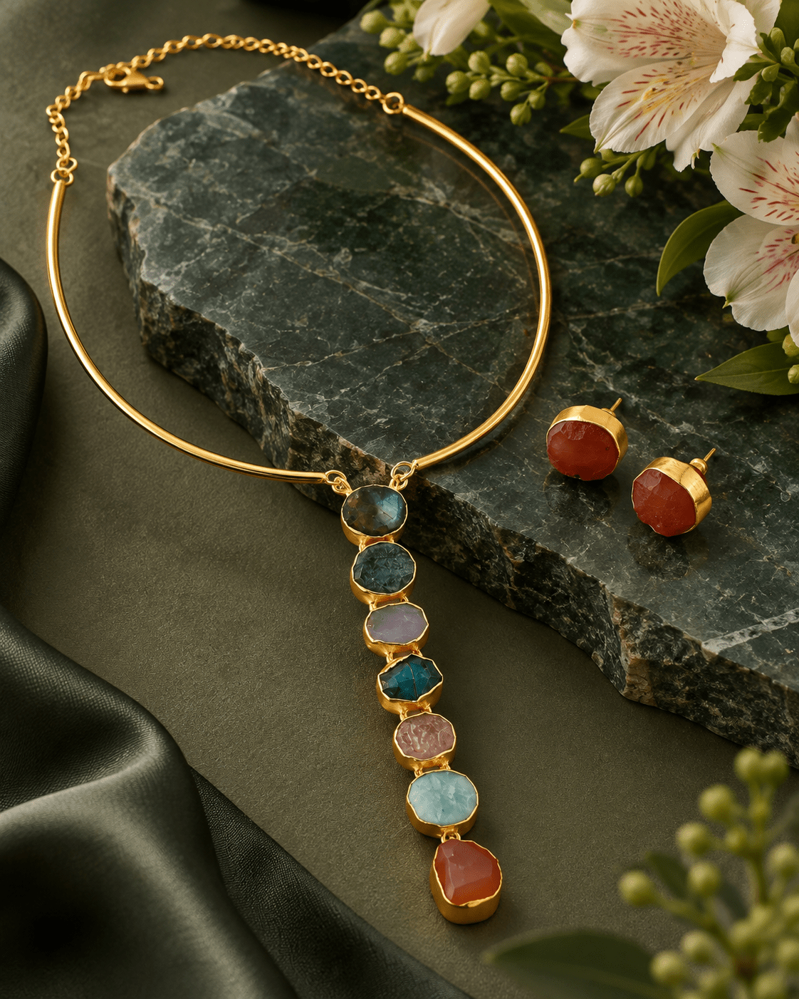 Raw Natural Stone Cascade Hansuli Necklace Set - Maxiblink