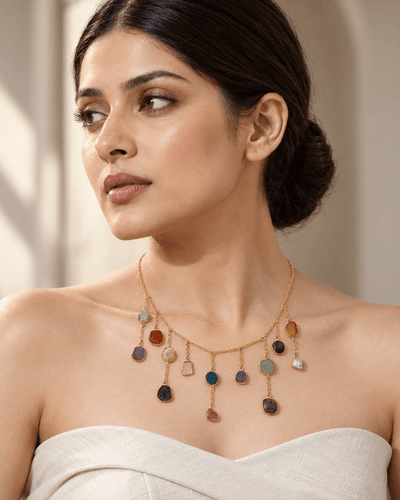 Raw Natural Stone Charm Fringe Chain Necklace - Maxiblink