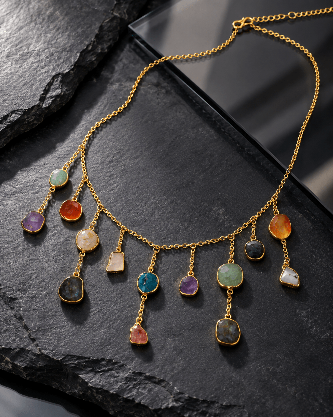 Raw Natural Stone Charm Fringe Chain Necklace - Maxiblink