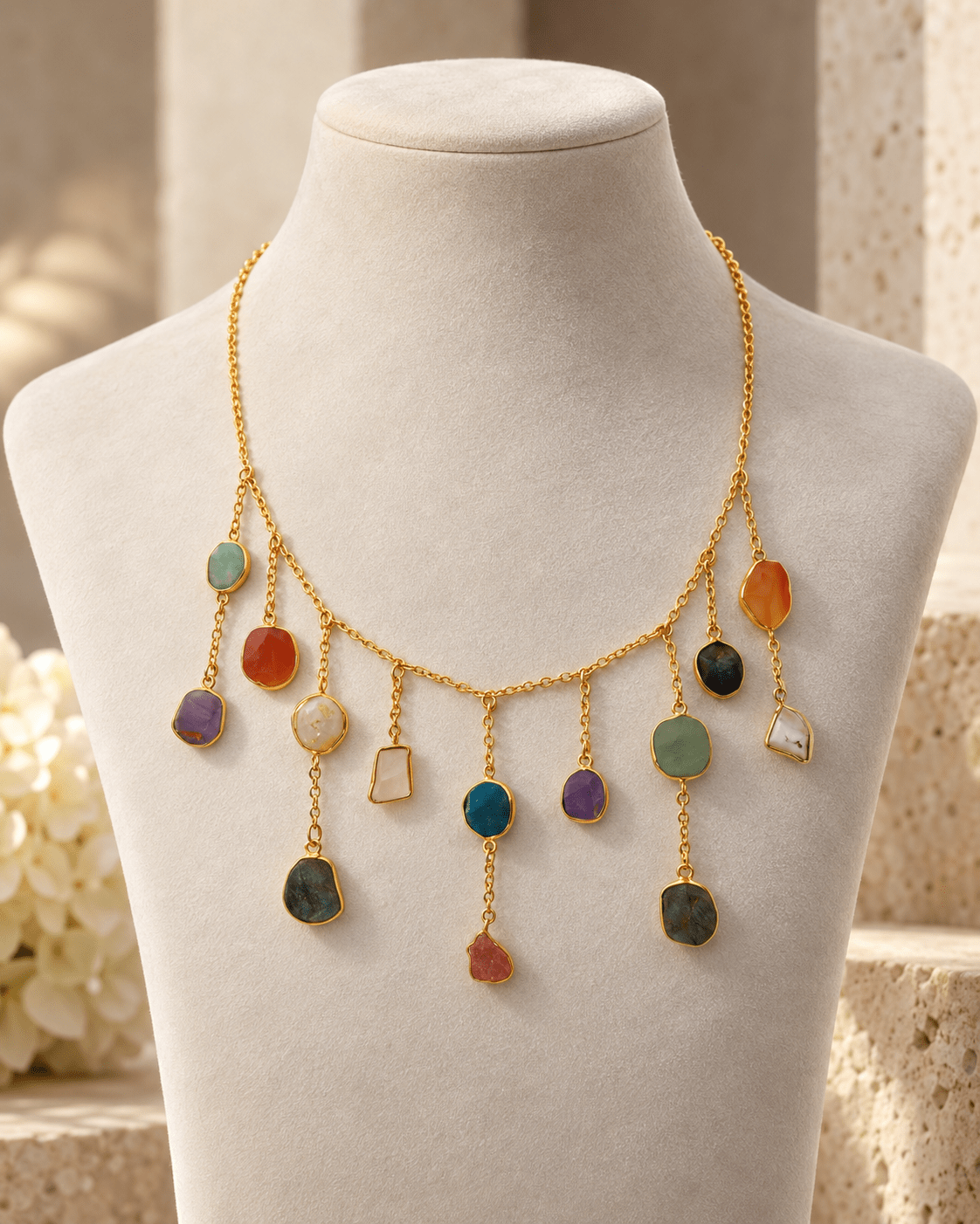 Raw Natural Stone Charm Fringe Chain Necklace - Maxiblink