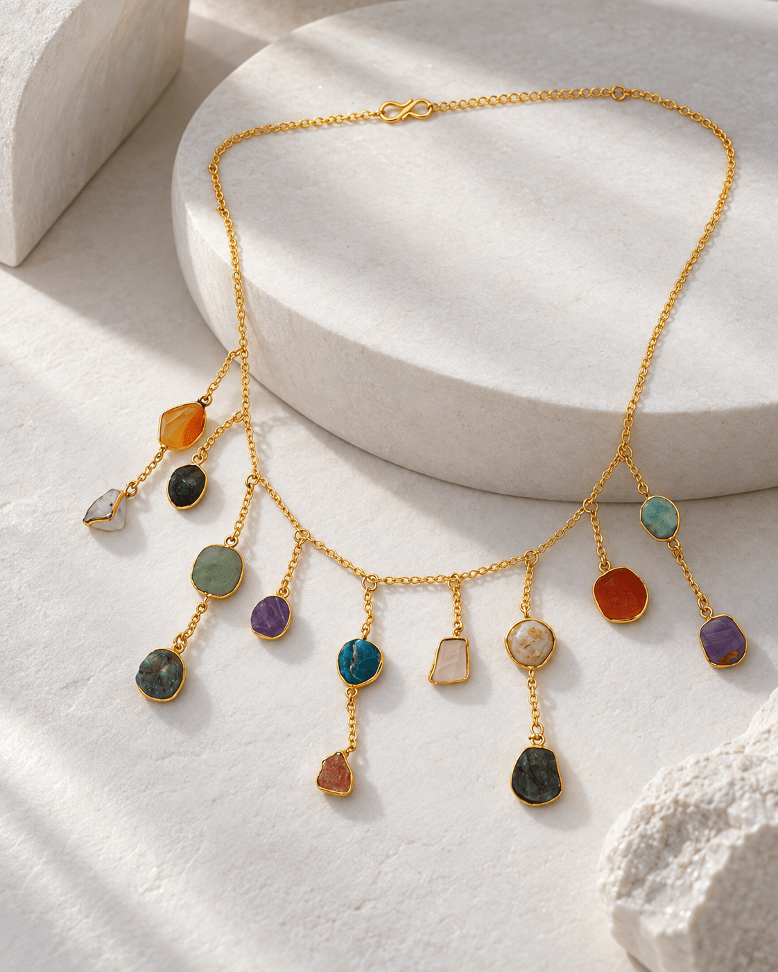 Raw Natural Stone Charm Fringe Chain Necklace - Maxiblink