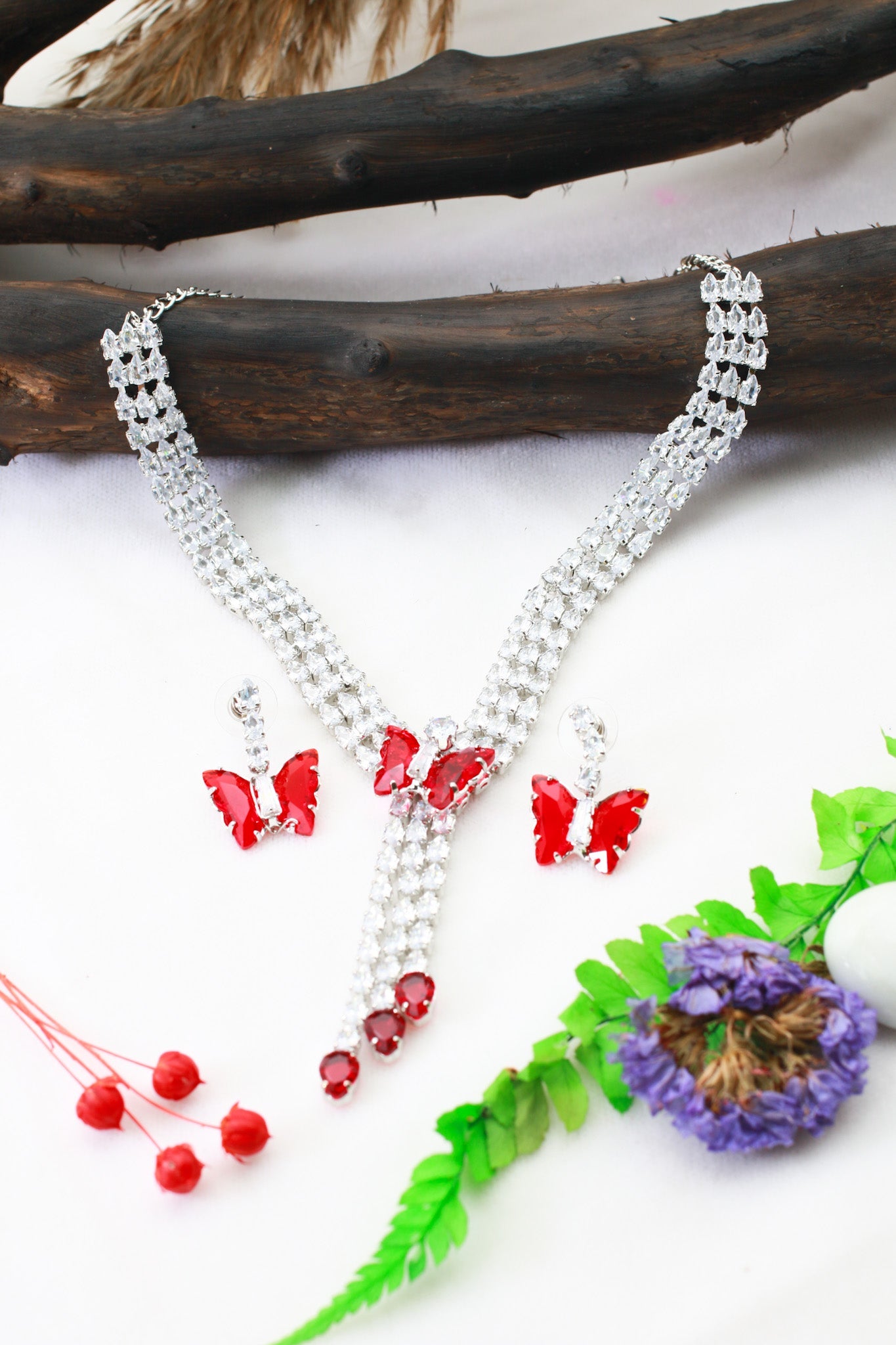 Red Butterfly Drop Korean Glass Stone Necklace Set | Statement Jewellery - Maxiblink