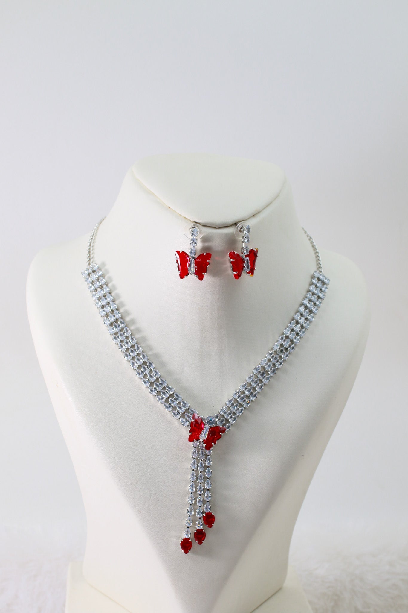 Red Butterfly Drop Korean Glass Stone Necklace Set | Statement Jewellery - Maxiblink