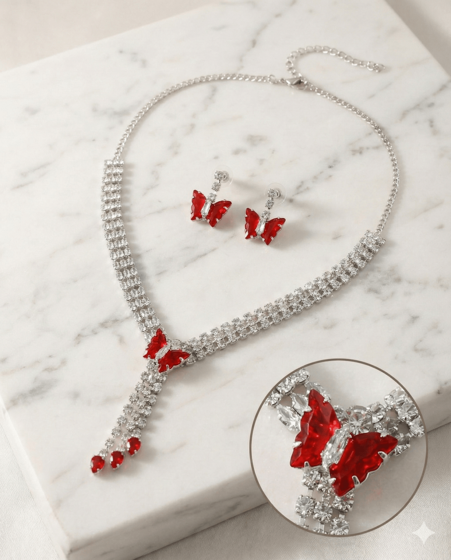 Red Butterfly Drop Korean Glass Stone Necklace Set | Statement Jewellery - Maxiblink