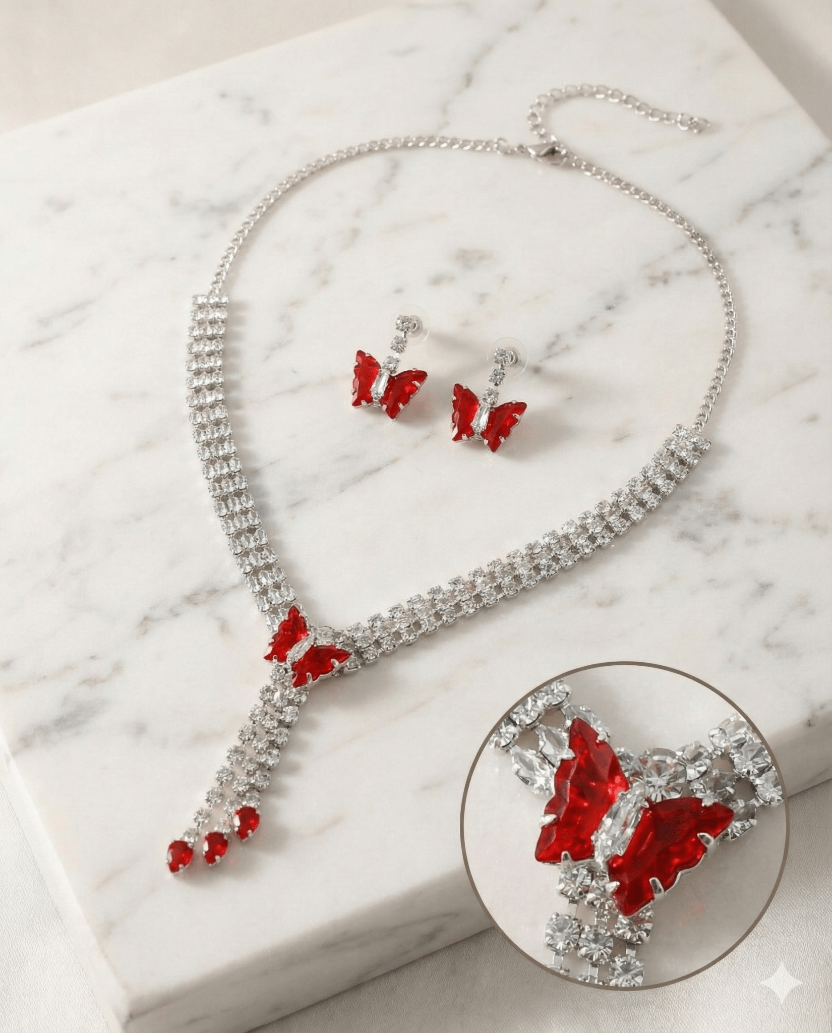 Red Butterfly Drop Korean Glass Stone Necklace Set | Statement Jewellery - Maxiblink