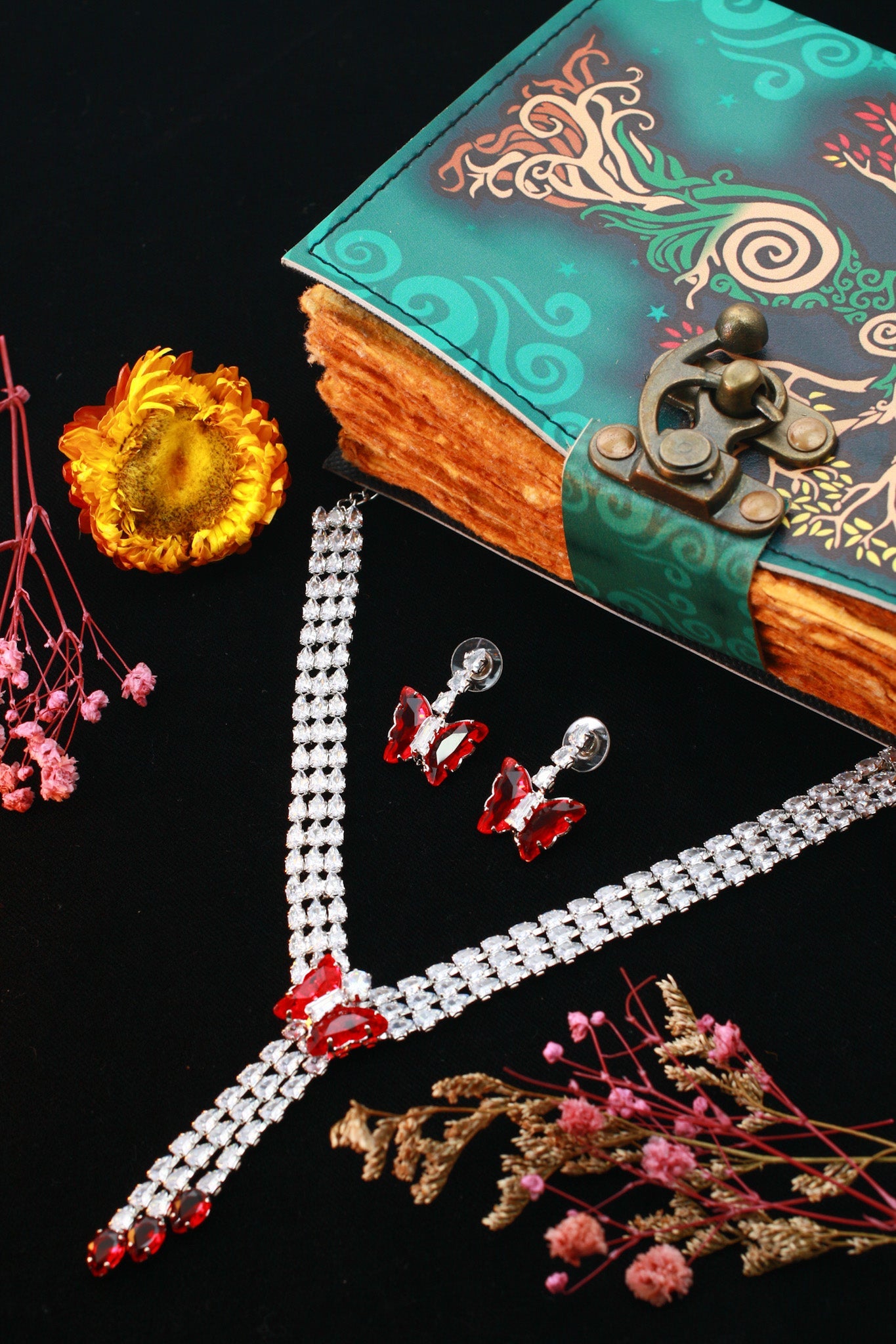 Red Butterfly Drop Korean Glass Stone Necklace Set | Statement Jewellery - Maxiblink