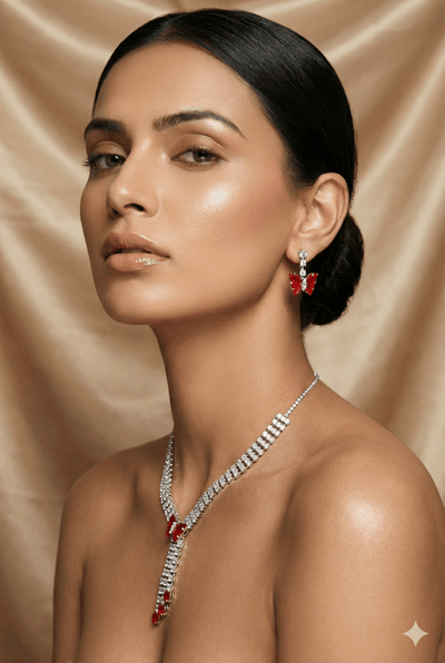 Red Butterfly Drop Korean Glass Stone Necklace Set | Statement Jewellery - Maxiblink
