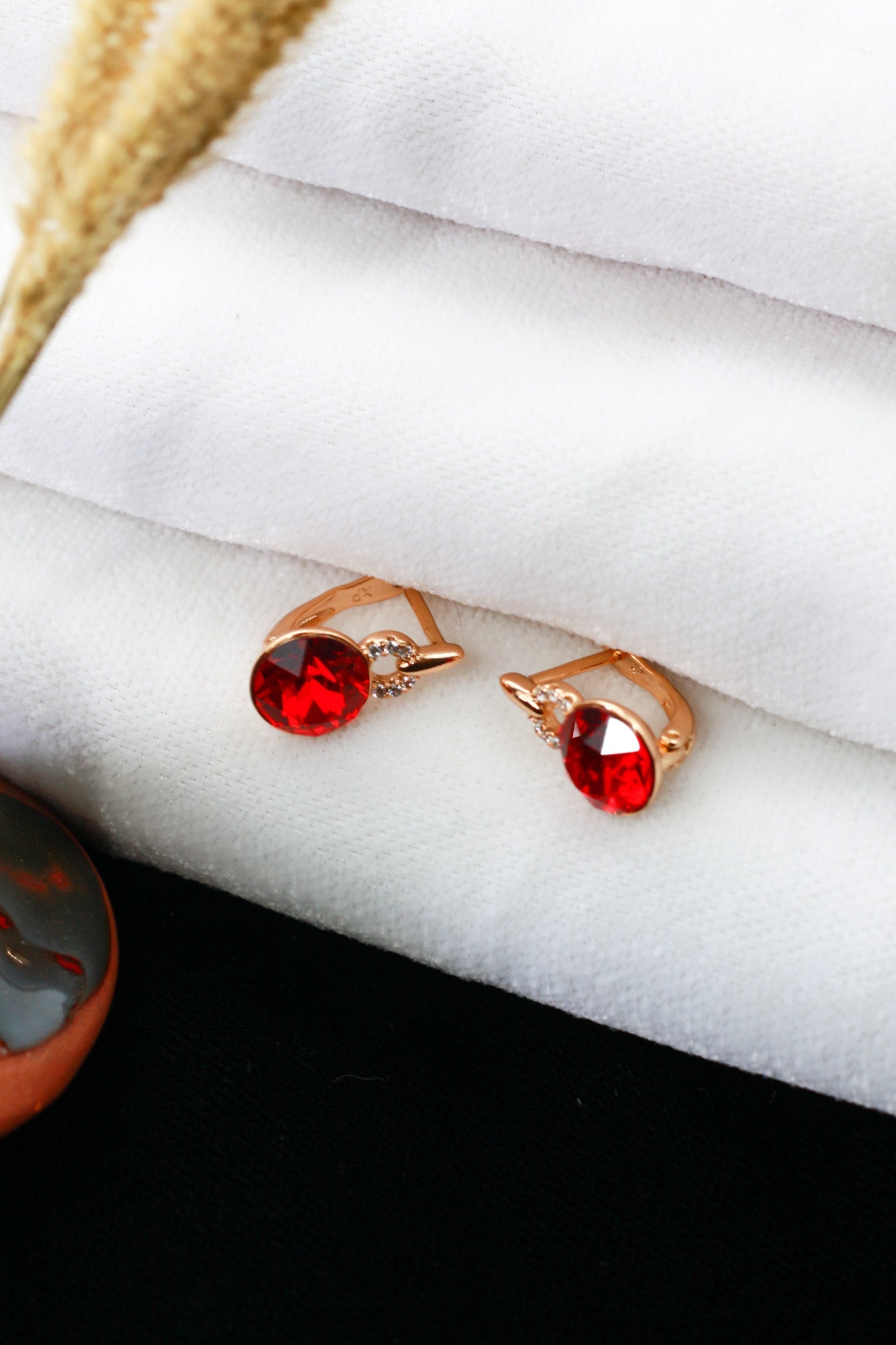 Red Crystal Rivoli Stud Earrings with Charm Drop - Maxiblink