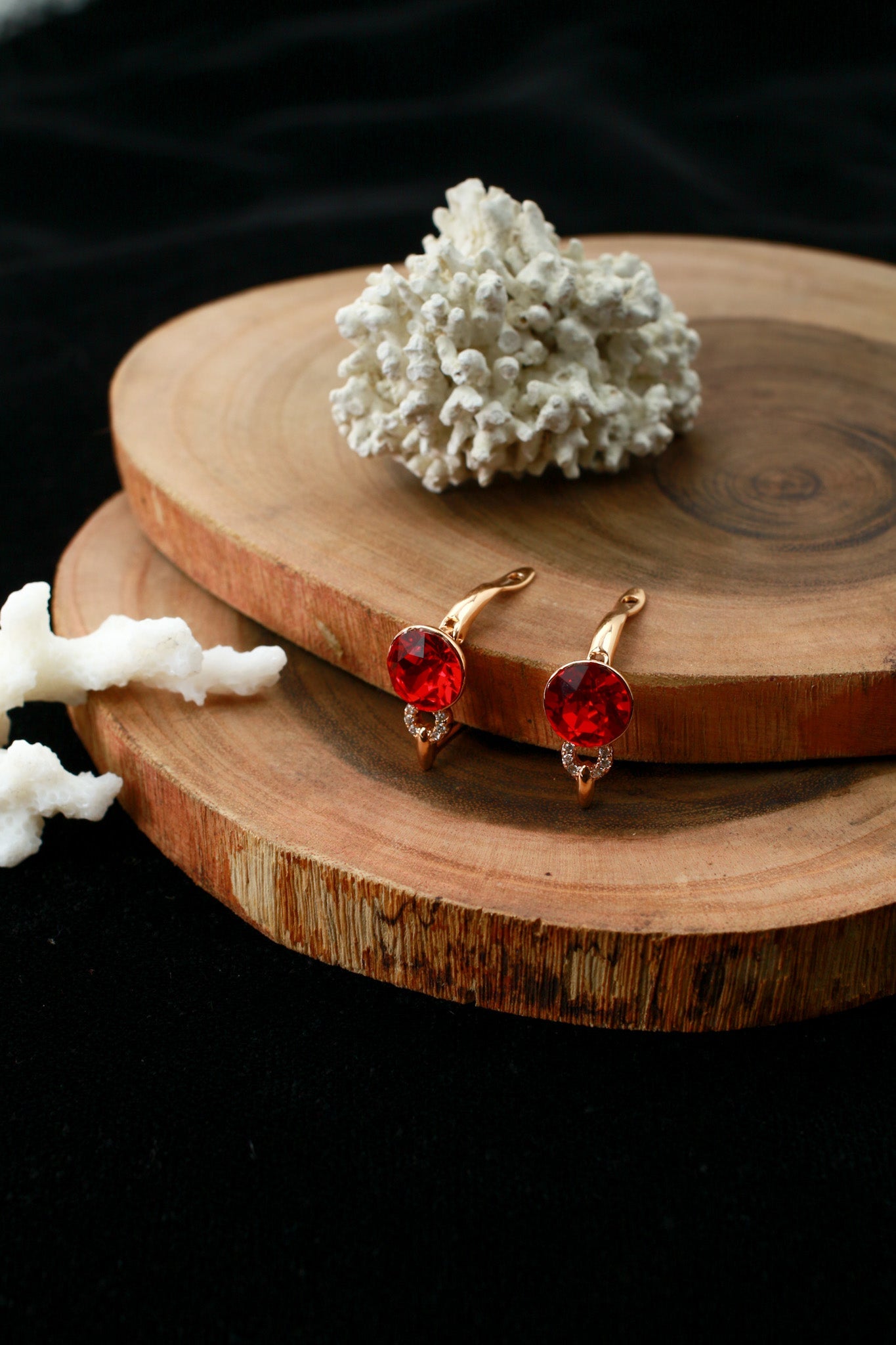 Red Crystal Rivoli Stud Earrings with Charm Drop - Maxiblink