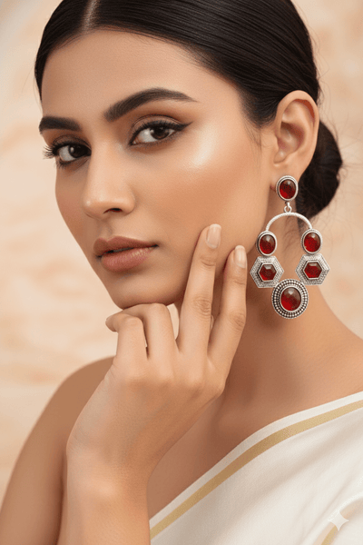 Red Monalisa Geometric Hoop Dangler Earrings | Oxidised German Silver - Maxiblink