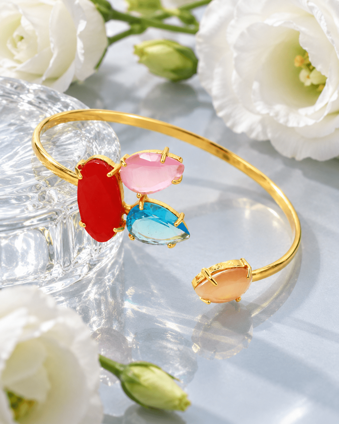 Red, Pink & Aqua Stone Cluster Open Cuff Bracelet - Maxiblink