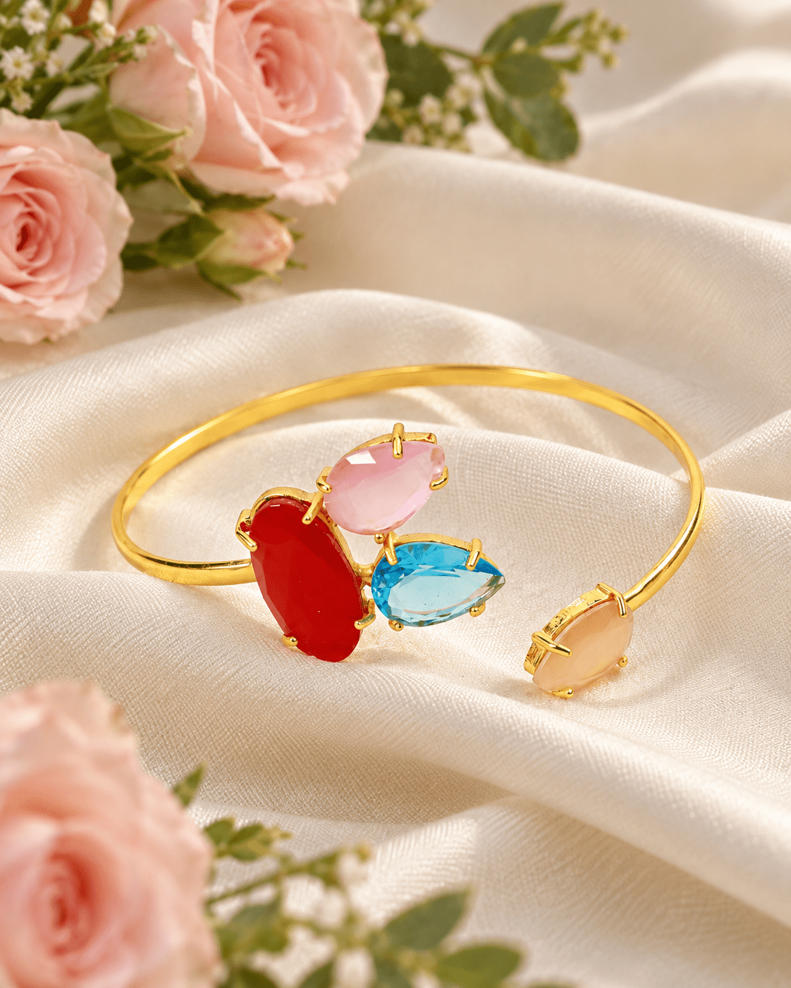 Red, Pink & Aqua Stone Cluster Open Cuff Bracelet - Maxiblink