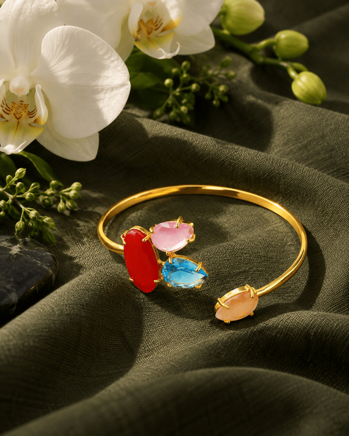 Red, Pink & Aqua Stone Cluster Open Cuff Bracelet - Maxiblink