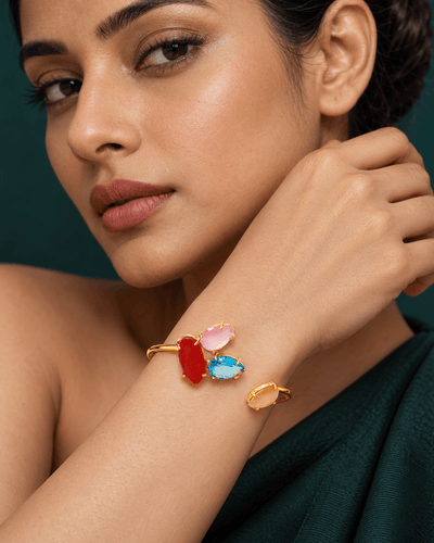 Red, Pink & Aqua Stone Cluster Open Cuff Bracelet - Maxiblink
