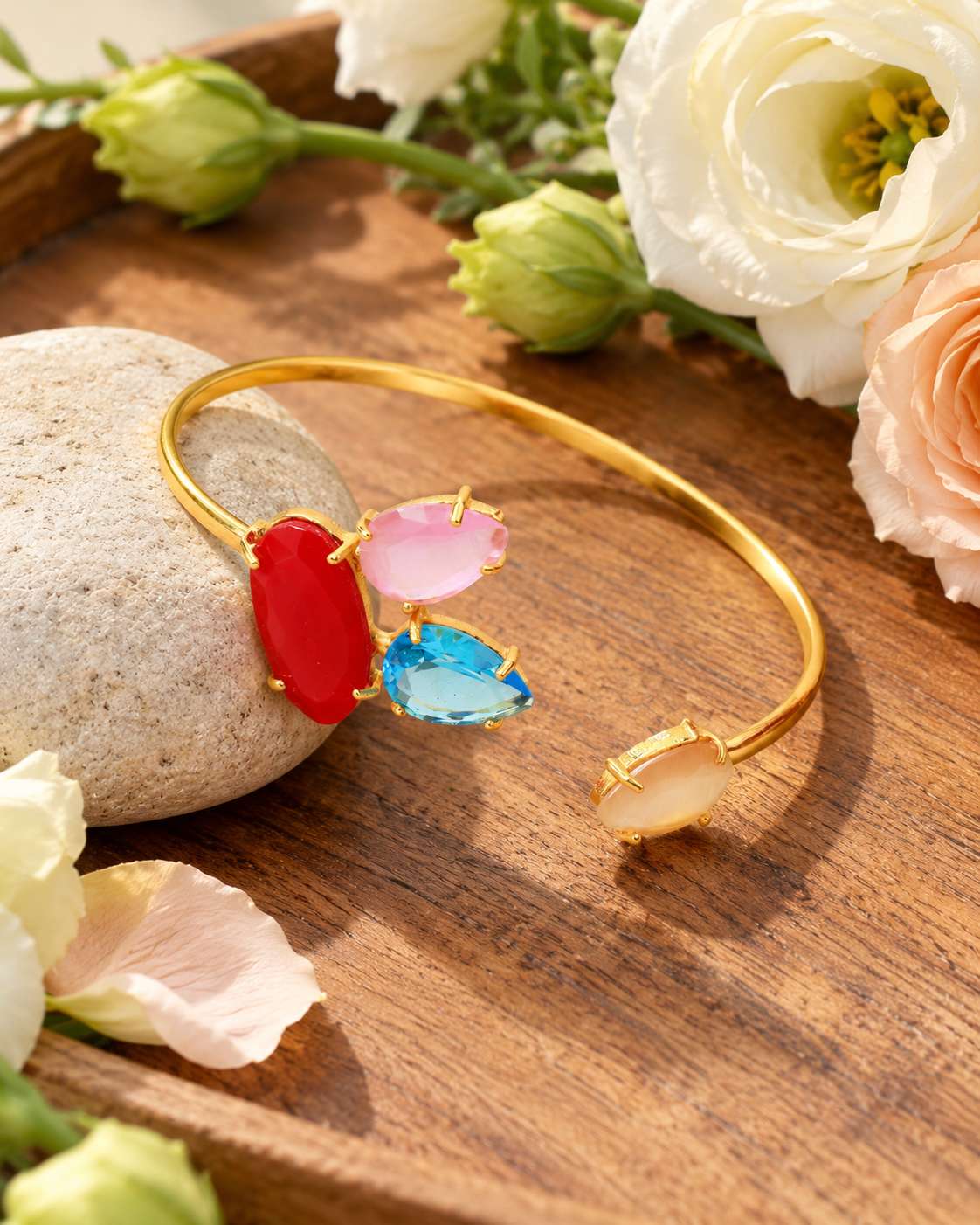 Red, Pink & Aqua Stone Cluster Open Cuff Bracelet - Maxiblink