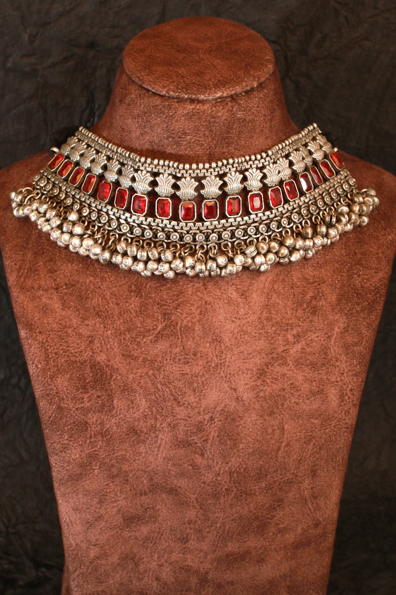 Red Stone Choker with Antique Floral Design for Women - Maxiblink