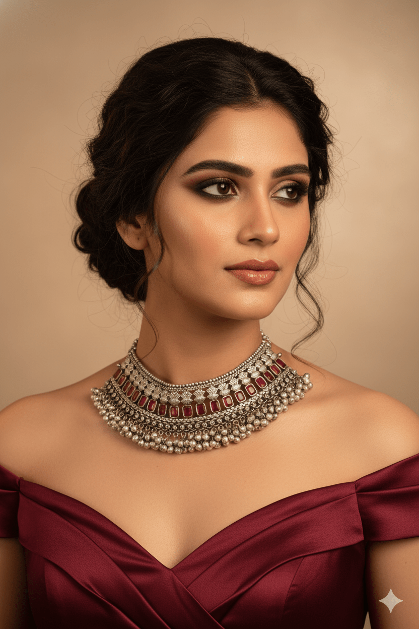 Red Stone Choker with Antique Floral Design for Women - Maxiblink