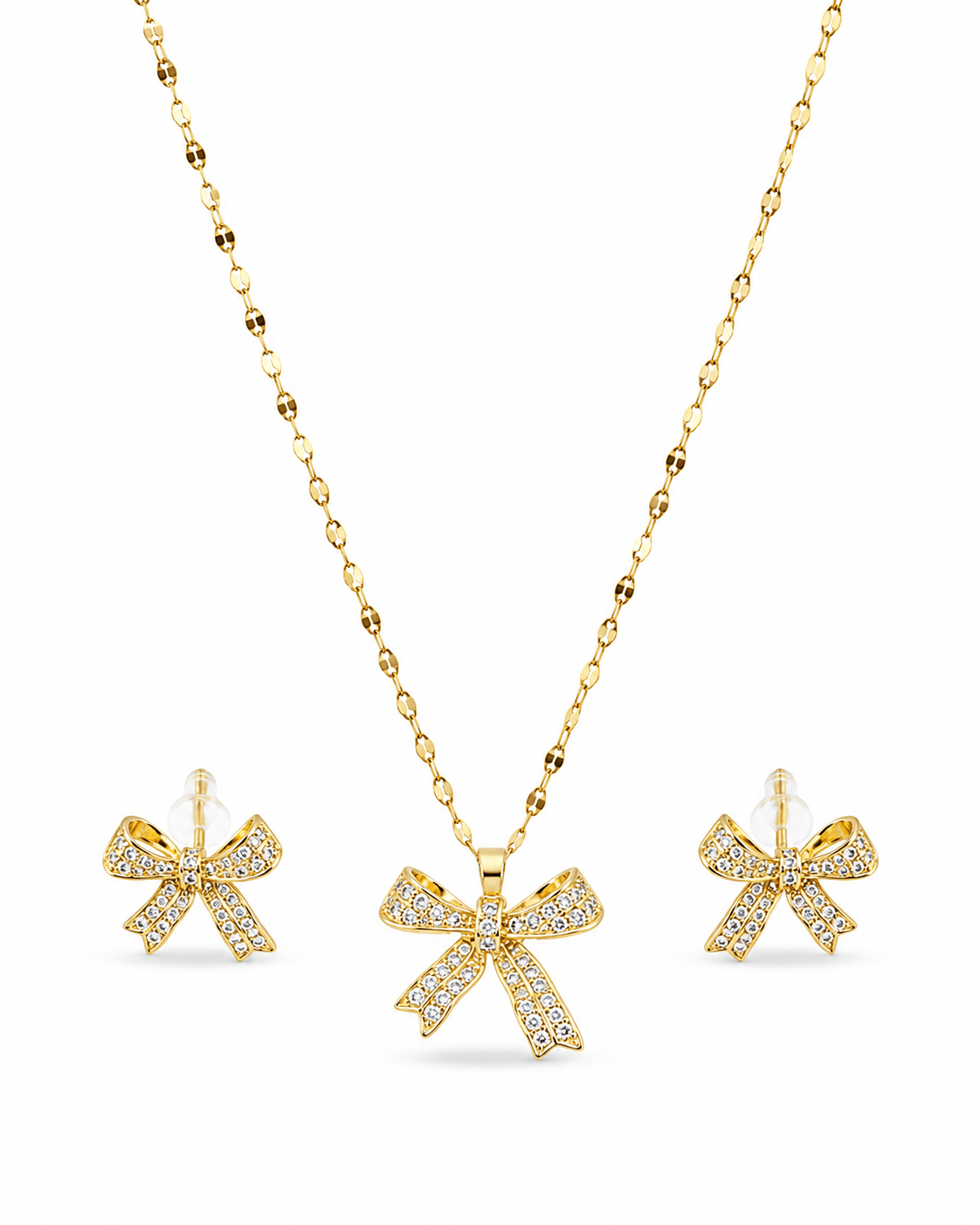 Rhinestone Bow Pendant Necklace & Earring Set