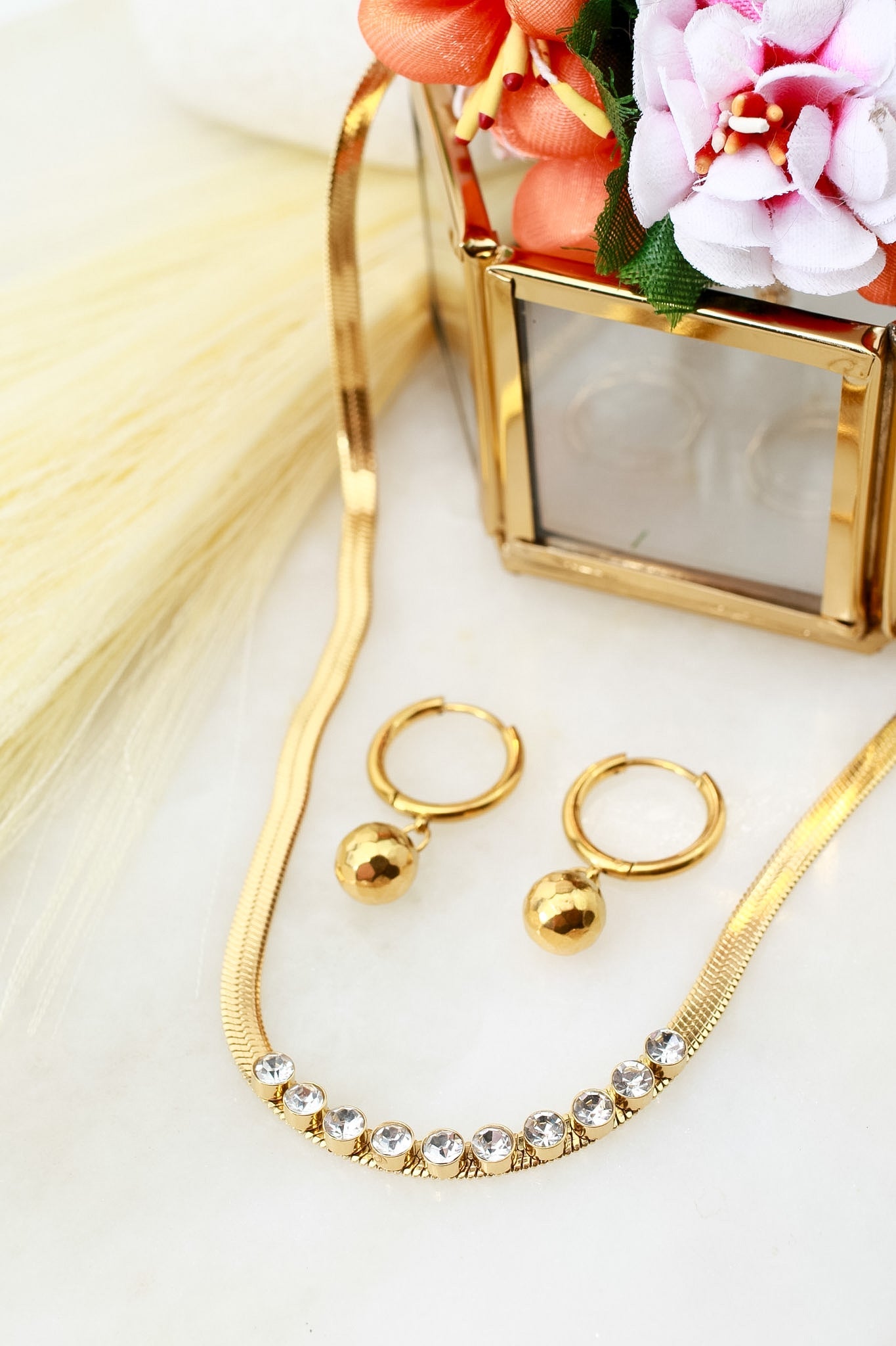 Rhinestone Row Snake Chain Necklace & Ball Drop Earrings Set - Maxiblink