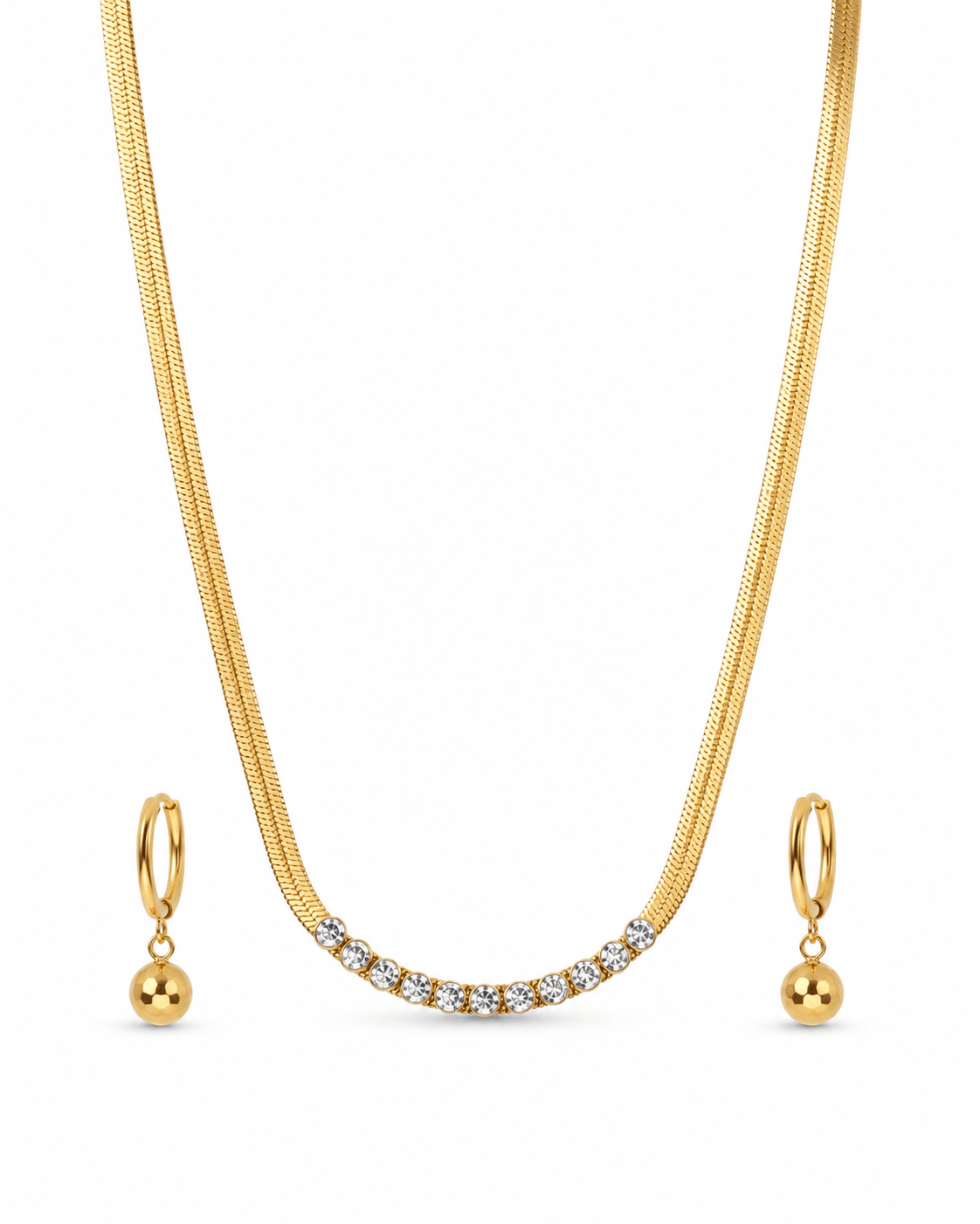 Rhinestone Row Snake Chain Necklace & Ball Drop Earrings Set - Maxiblink
