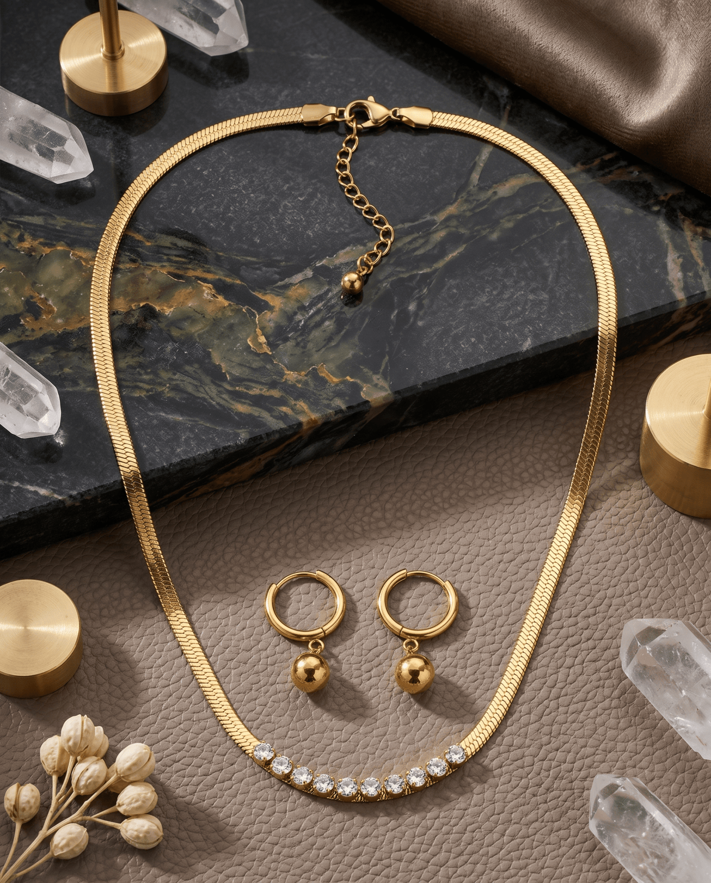 Rhinestone Row Snake Chain Necklace & Ball Drop Earrings Set - Maxiblink