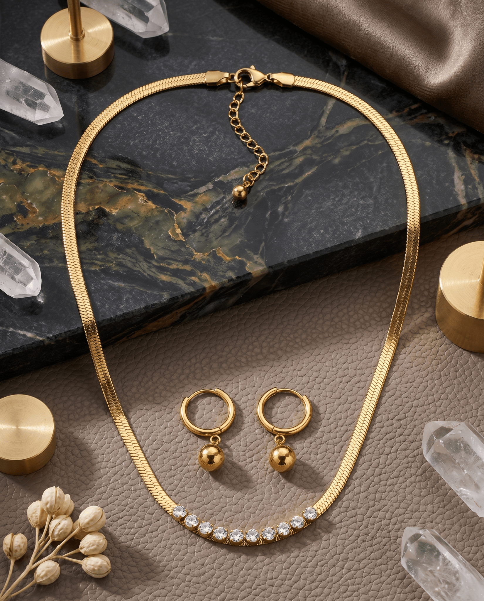 Rhinestone Row Snake Chain Necklace & Ball Drop Earrings Set - Maxiblink